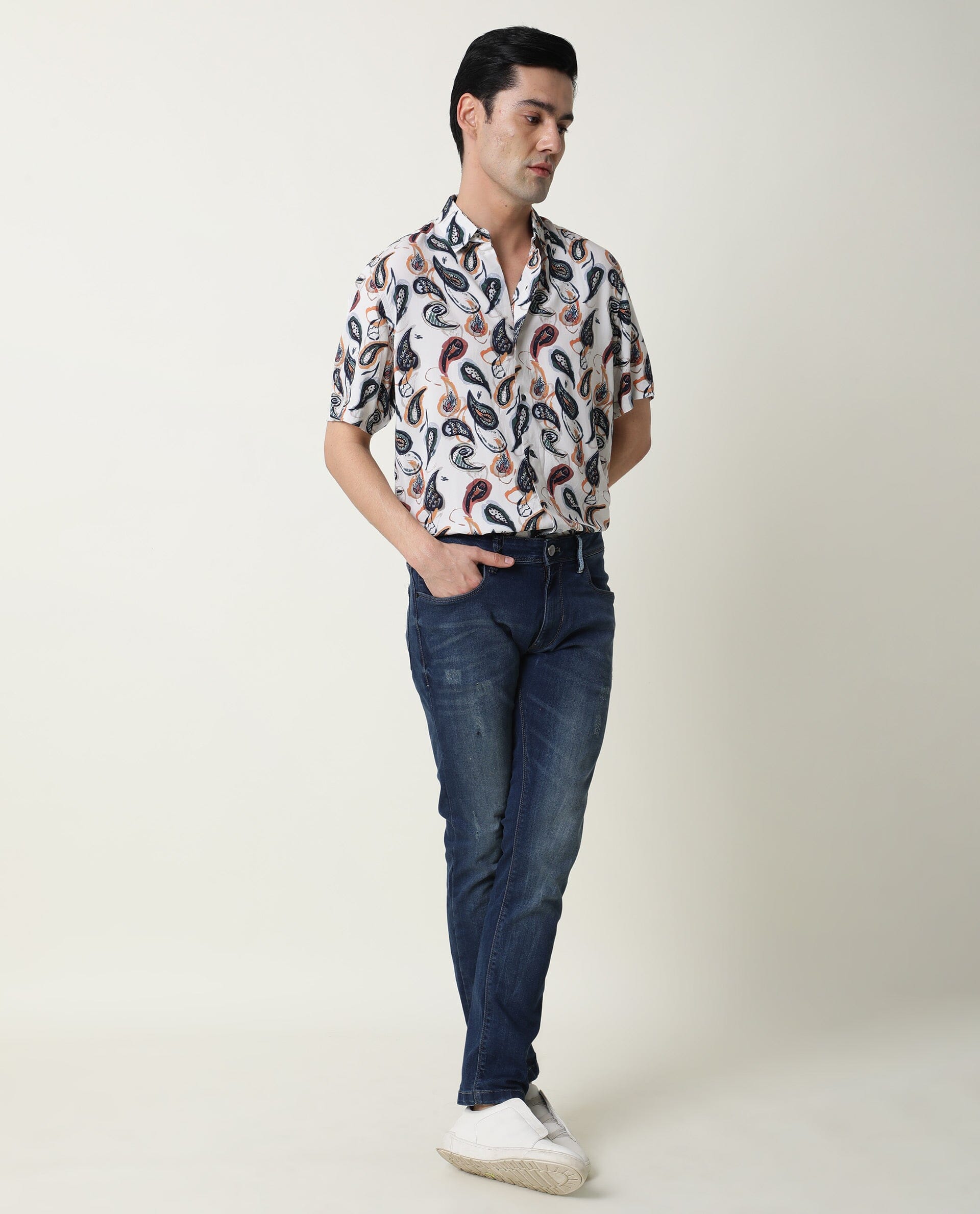 Rare Rabbit Men's Ivy Ss Beige Viscose Fabric Paisley Print Half Sleeves Shirt