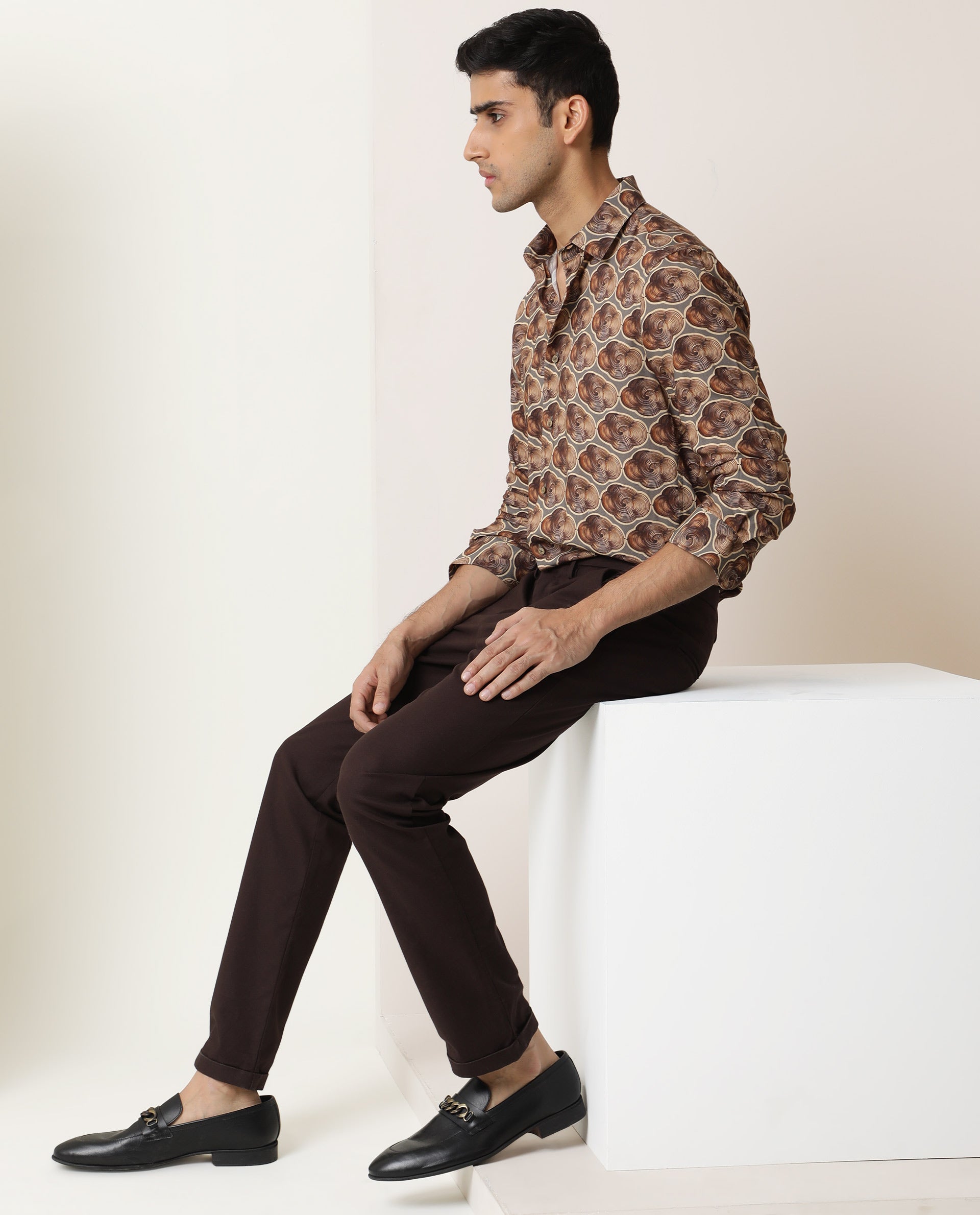 Rare Rabbit Men's Tymon LS Grey Viscose Fabric Full Sleeves Regular Fit Geometric Print Shirt