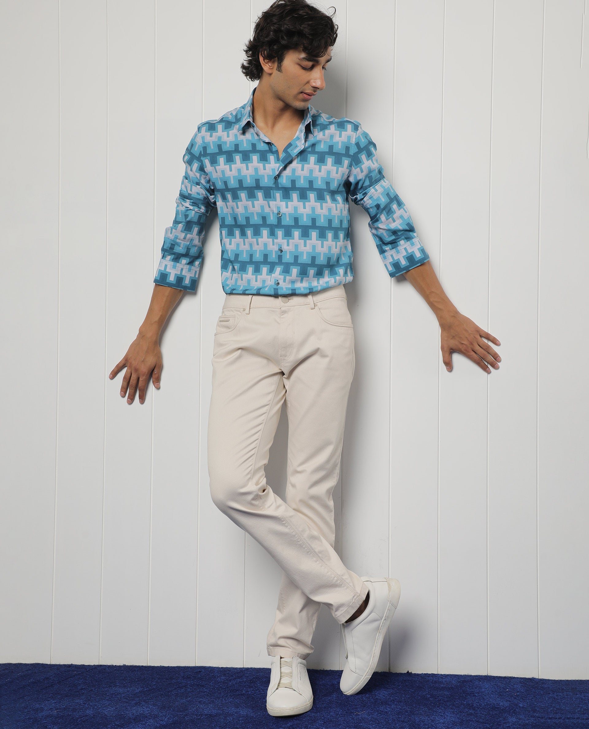 Rare Rabbit Men's Copat Blue Viscose Fabric Geometric Print Full Sleeves Shirt