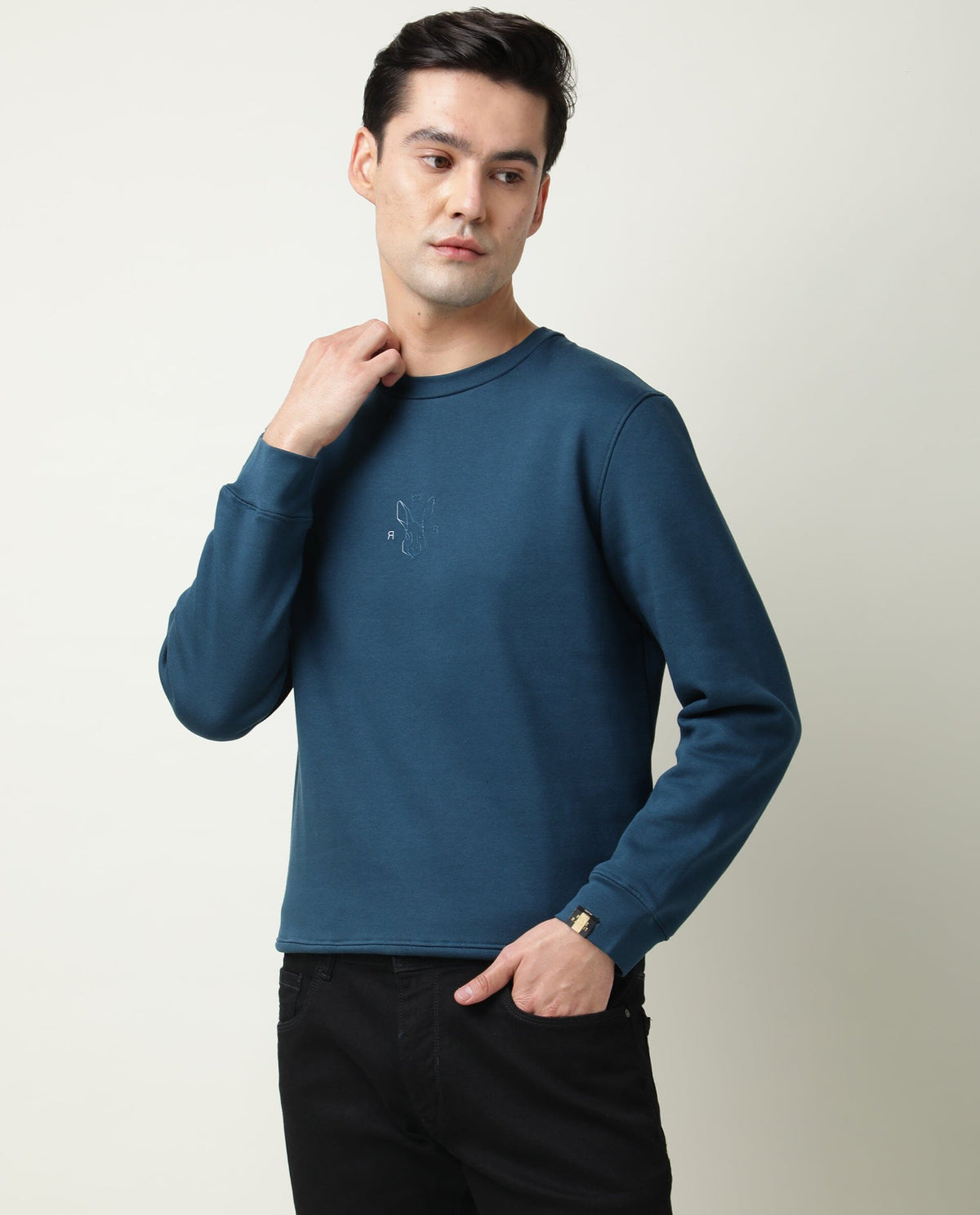 RARE RABBIT MEN'S ZEN PETROL SWEATSHIRT COTTON POLYESTER FABRIC CREW NECK FULL SLEEVES SLIM FIT
