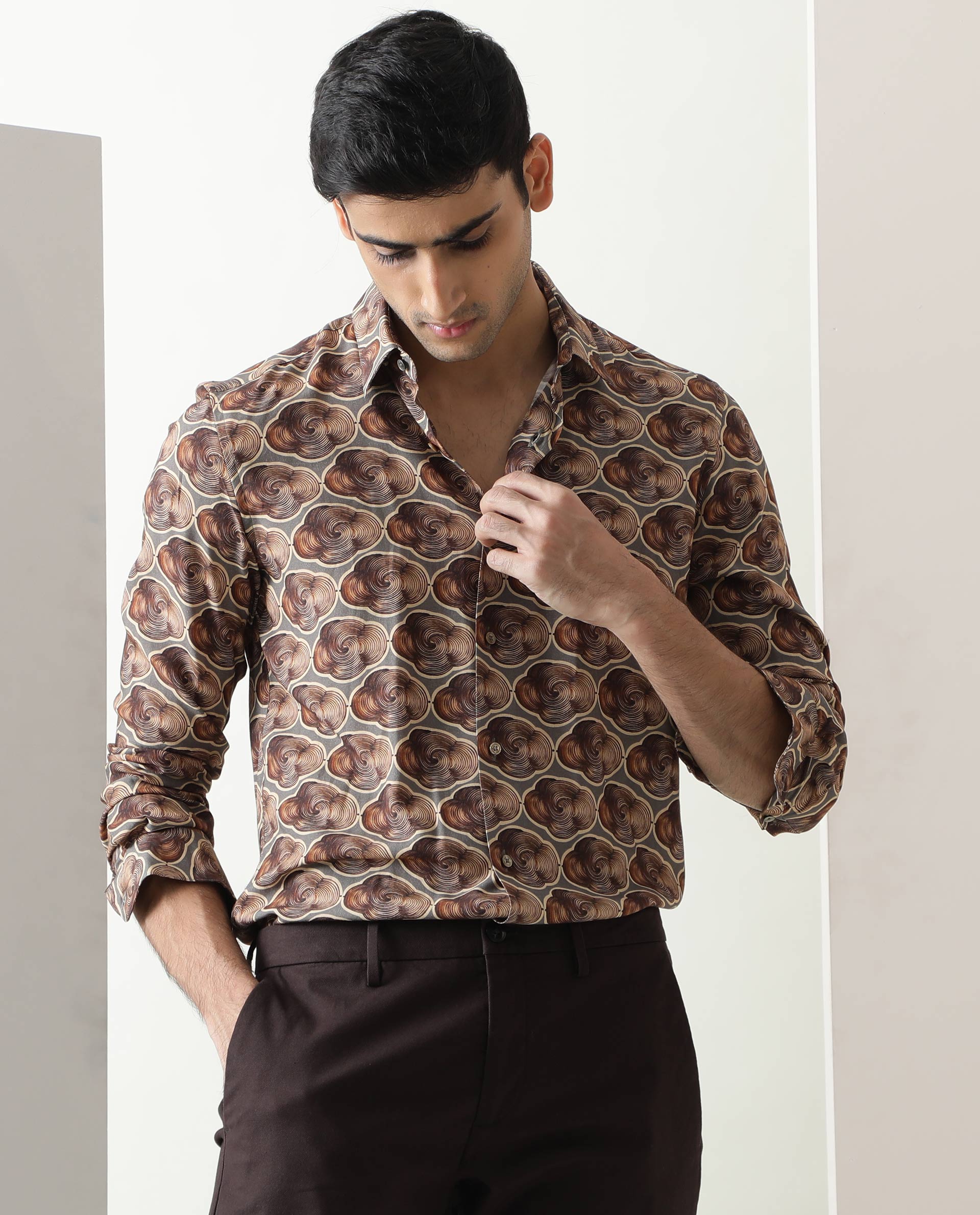 Rare Rabbit Men's Tymon LS Grey Viscose Fabric Full Sleeves Regular Fit Geometric Print Shirt