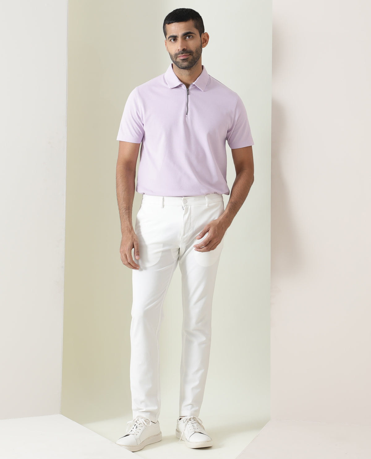 Rare Rabbit Men's Stel Pastel Purple Cotton Fabric Collared Neck Zipper Closure Half Sleeves Flat Knit Polo T-Shirt