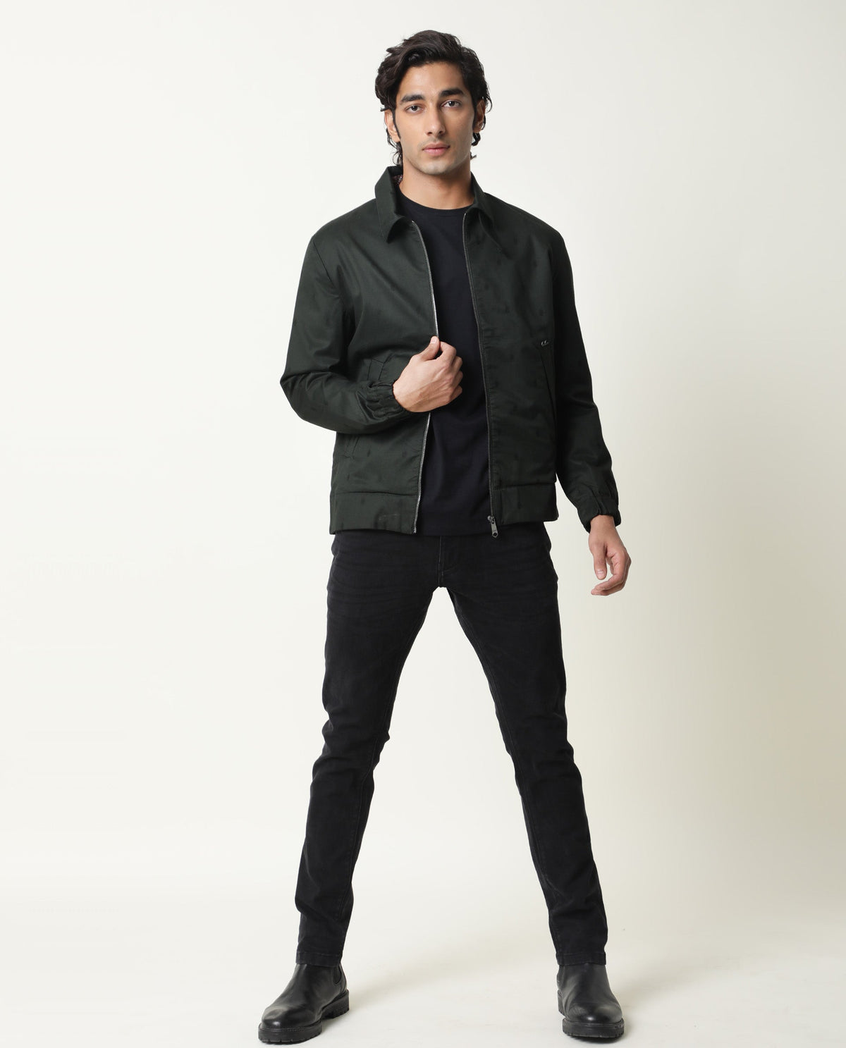 RARE RABBIT MEN'S MAZZER GREEN JACKET COTTON FABRIC COLLARED NECK FULL SLEEVES ZIPPER CLOSURE SLIM FIT