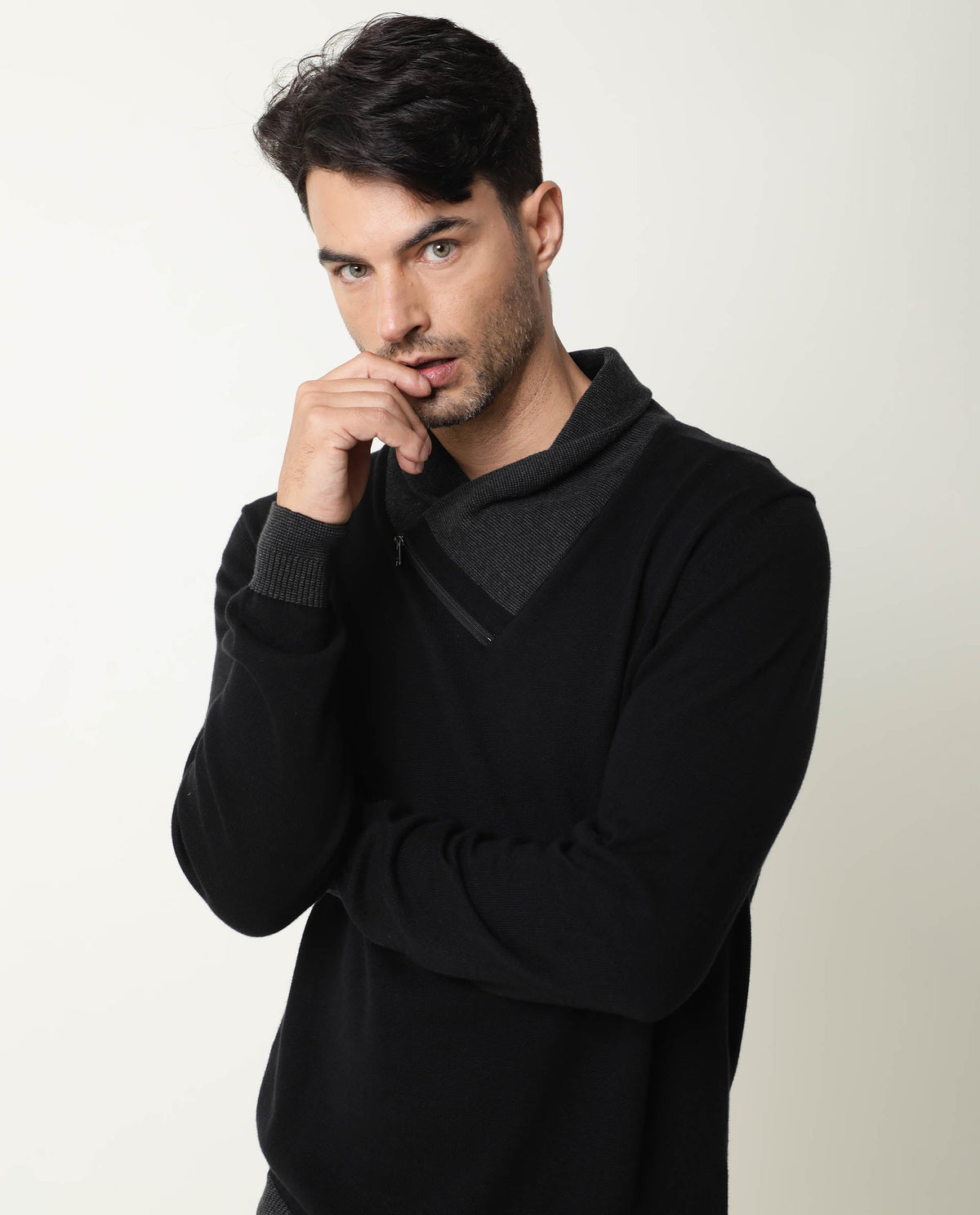 RARE RABBIT MEN'S DENVER BLACK PULLOVER COTTON FABRIC COWL NECK FULL SLEEVES ZIPPER CLOSURE SLIM FIT