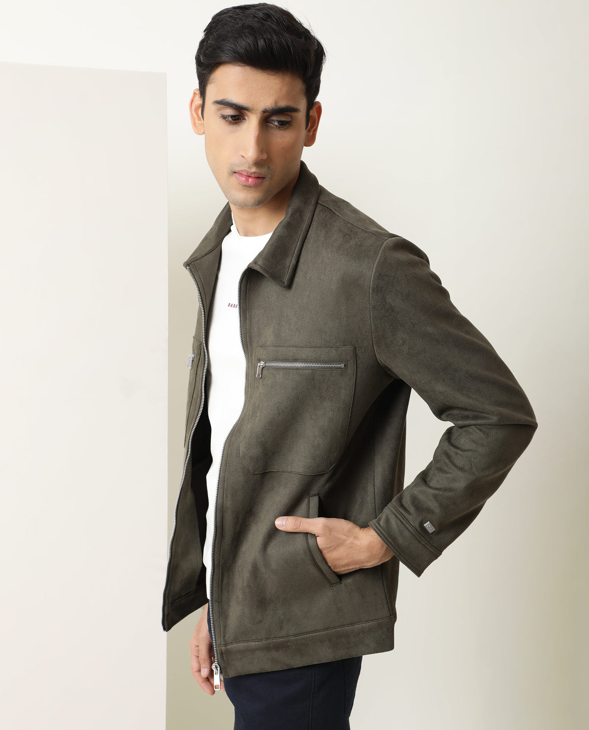 RARE RABBIT MEN'S BAX OLIVE JACKET POLYESTER FABRIC COLLARED NECK FULL SLEEVES ZIPPER CLOSURE
