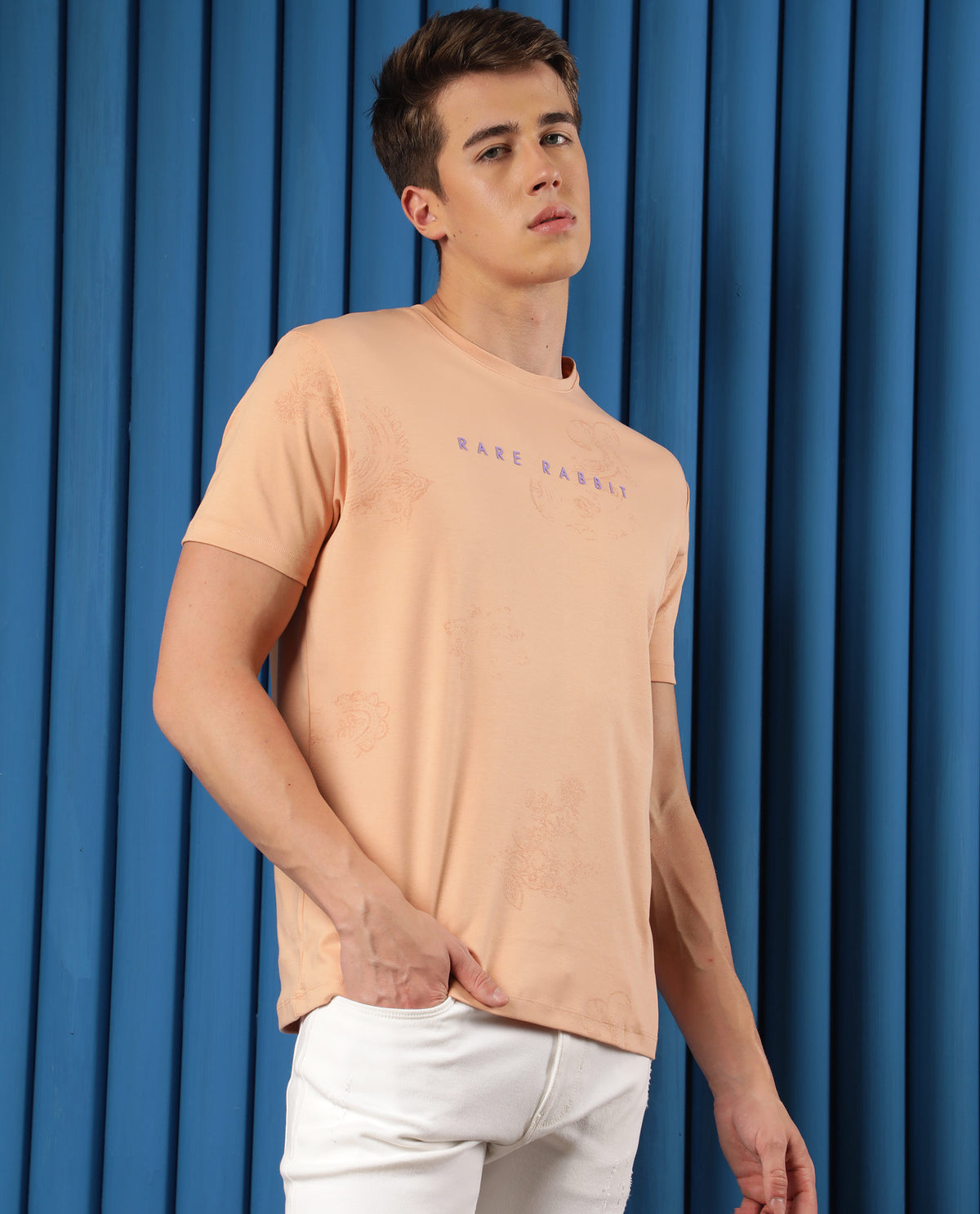 Rare Rabbit Men's Delic Peach Cotton Lycra Fabric Crew Neck Half Sleeves Regular Fit Paisley Placement Print T-Shirt