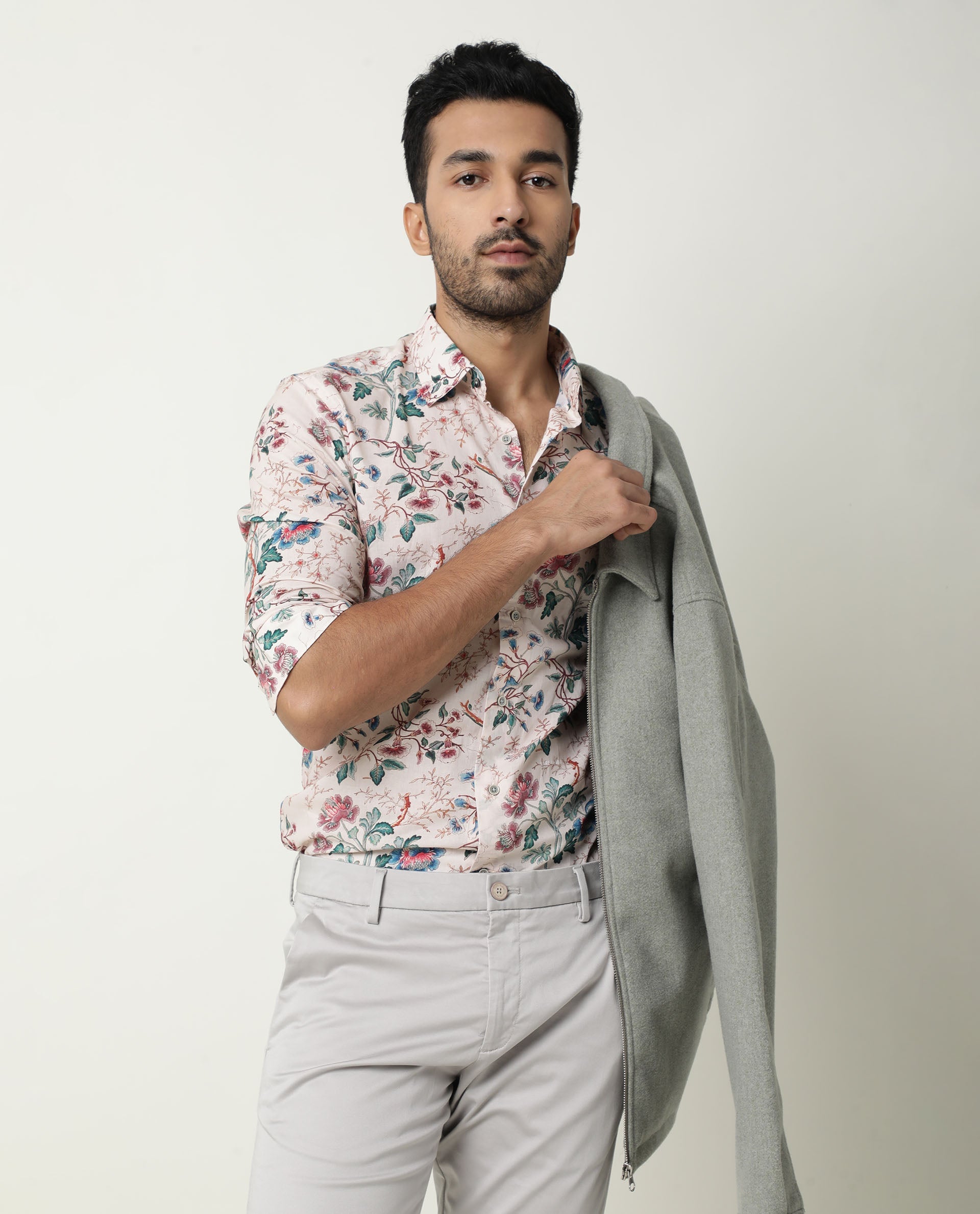 Rare Rabbit Mens Porto Beige Cotton Fabric Collared Neck Full Sleeves Regular Fit Shirt