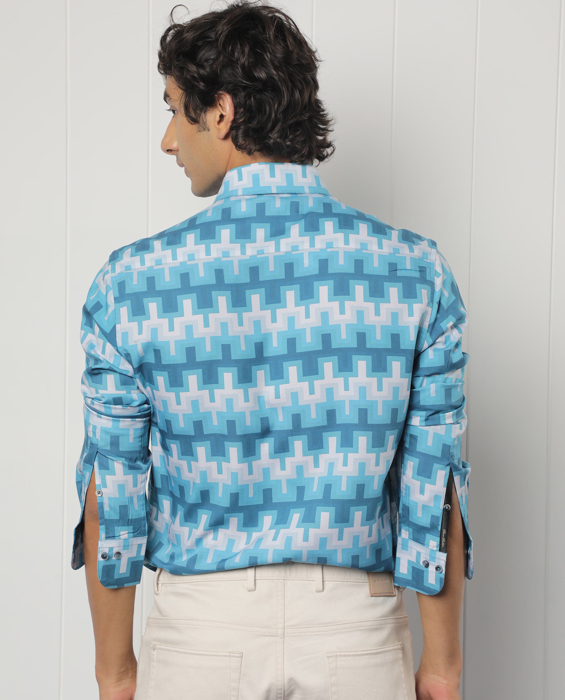Rare Rabbit Men's Copat Blue Viscose Fabric Geometric Print Full Sleeves Shirt