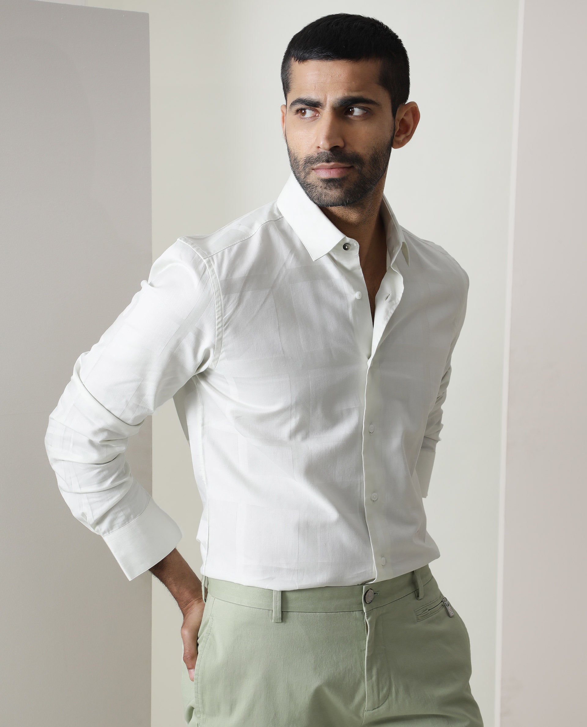 Rare Rabbit Men's Boxline Off White Cotton Lyocell Fabric Full Sleeves Checks Shirt