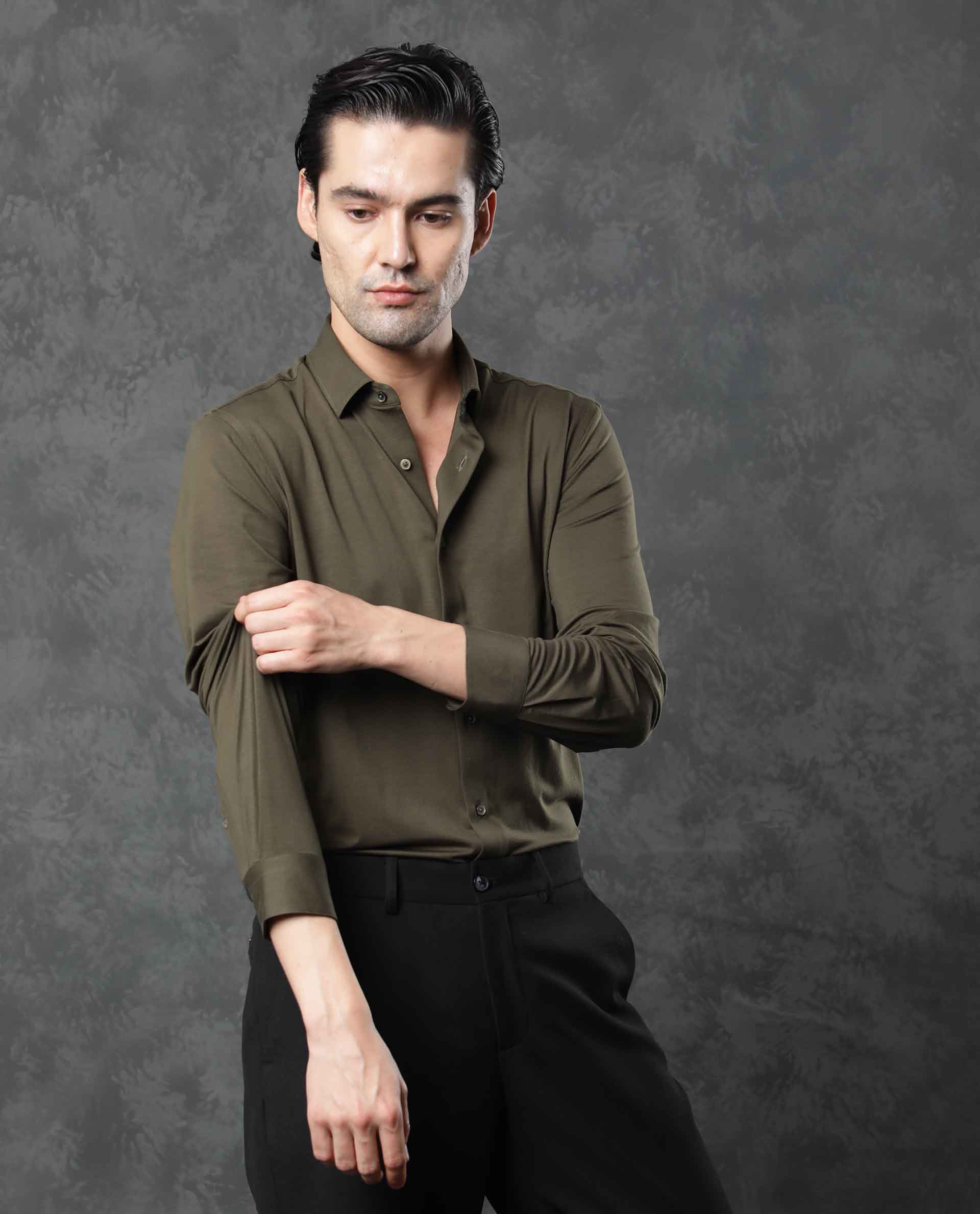 Rare Rabbit Men's Zac Olive Rayon Fabric Full Sleeves Solid Shirt