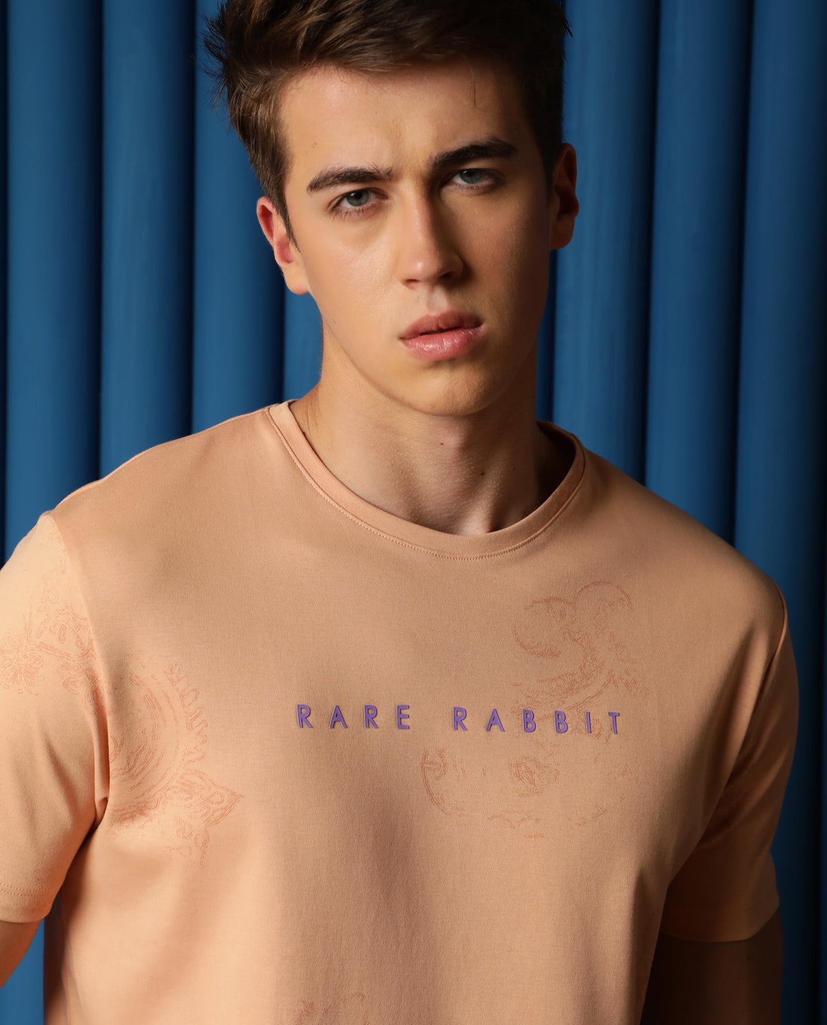 Rare Rabbit Men's Delic Peach Cotton Lycra Fabric Crew Neck Half Sleeves Regular Fit Paisley Placement Print T-Shirt