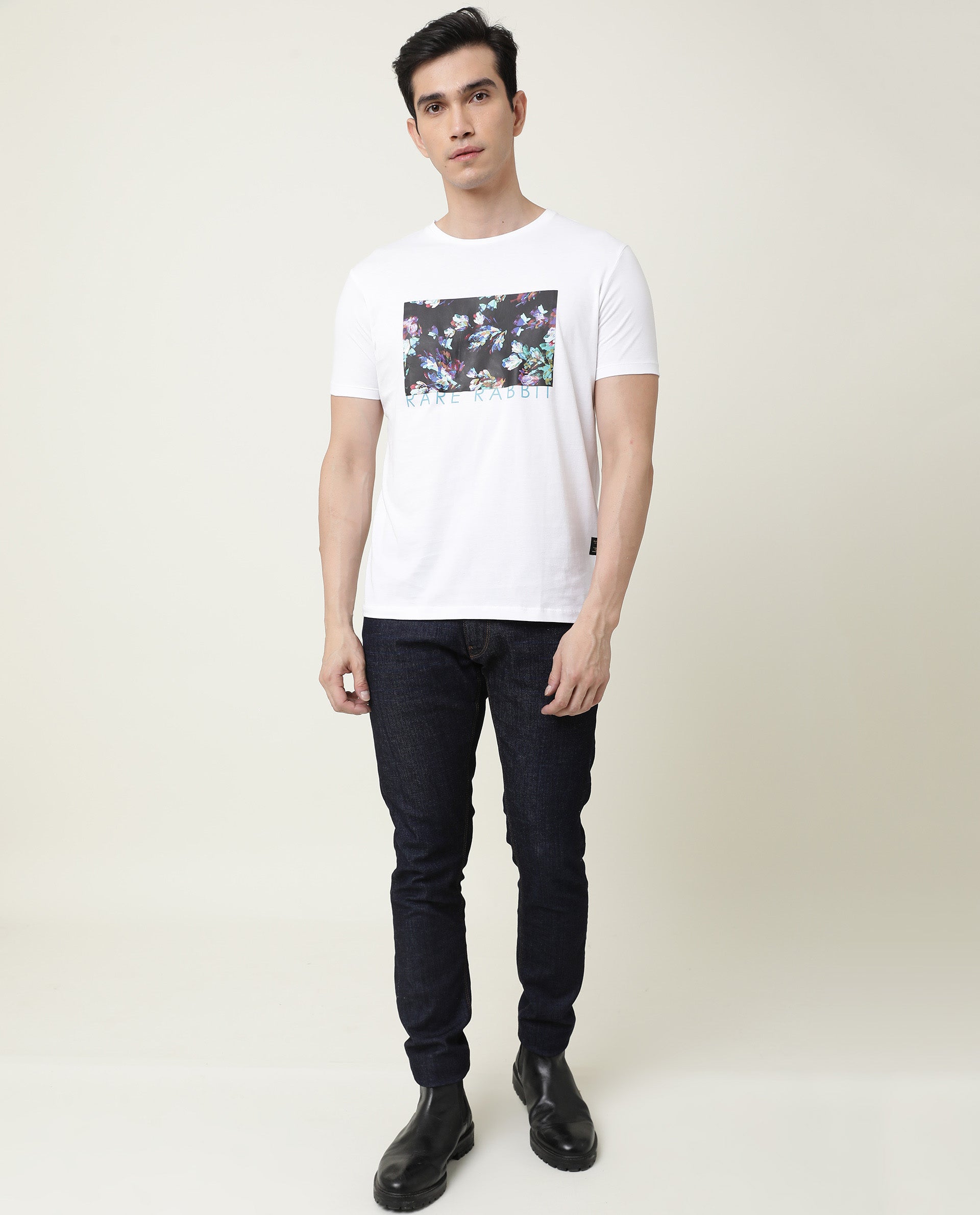 Rare Rabbit Men's Runik White Crew Neck Floral Discharge Print Half Sleeves Regular Fit T-Shirt