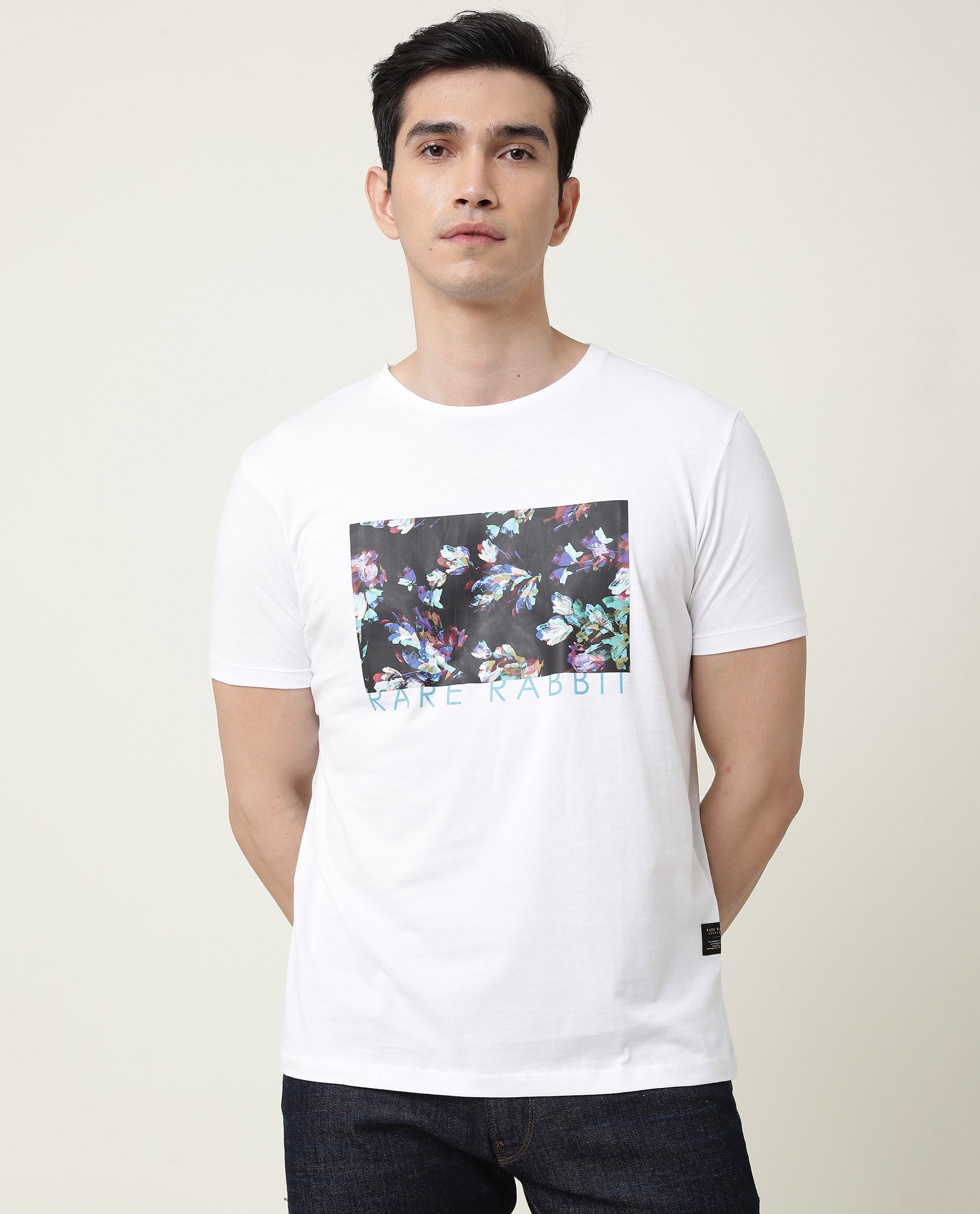 Rare Rabbit Men's Runik White Crew Neck Floral Discharge Print Half Sleeves Regular Fit T-Shirt