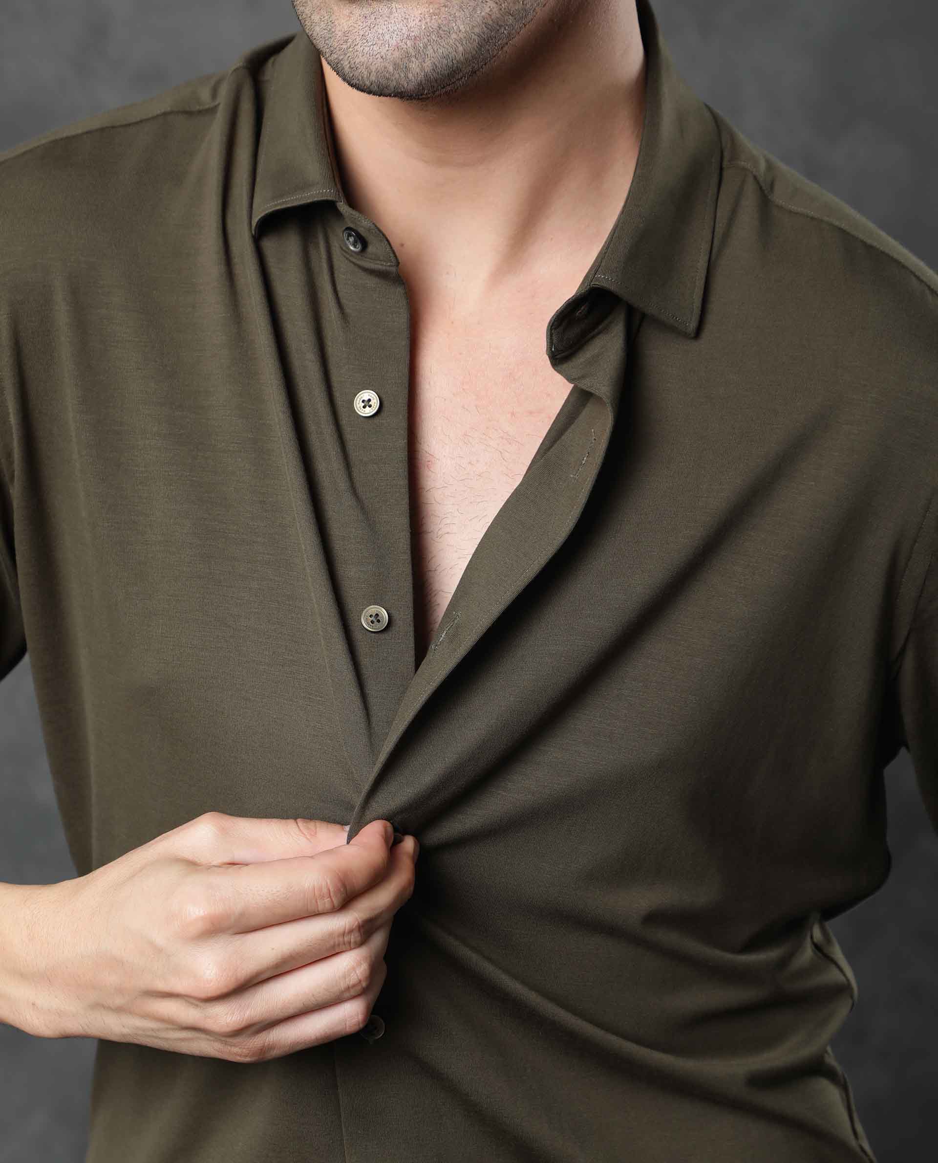 Rare Rabbit Men's Zac Olive Rayon Fabric Full Sleeves Solid Shirt