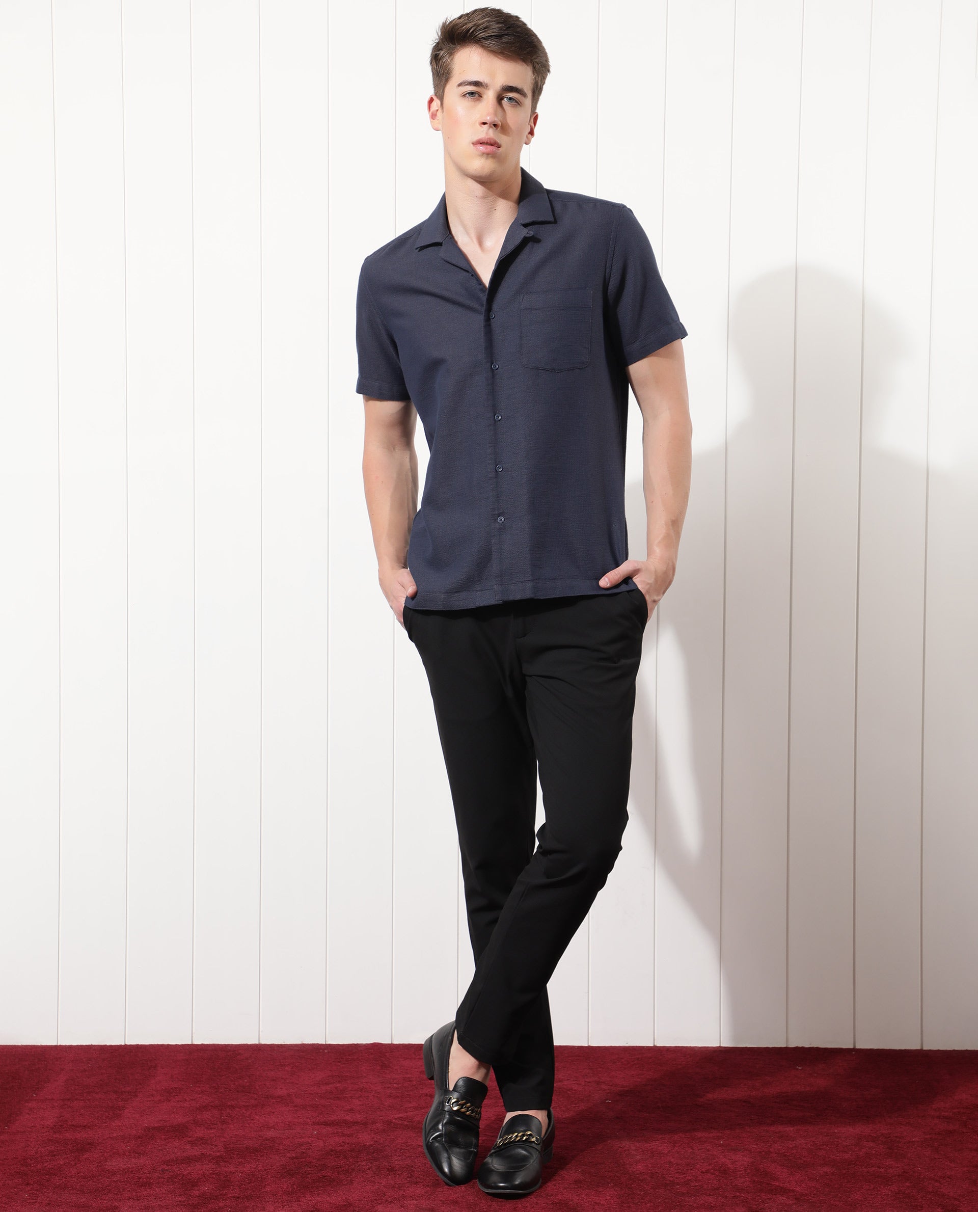 Rare Rabbit Men's Land Navy Cotton Fabric Cuban Collar Half Sleeves Knit Shirt