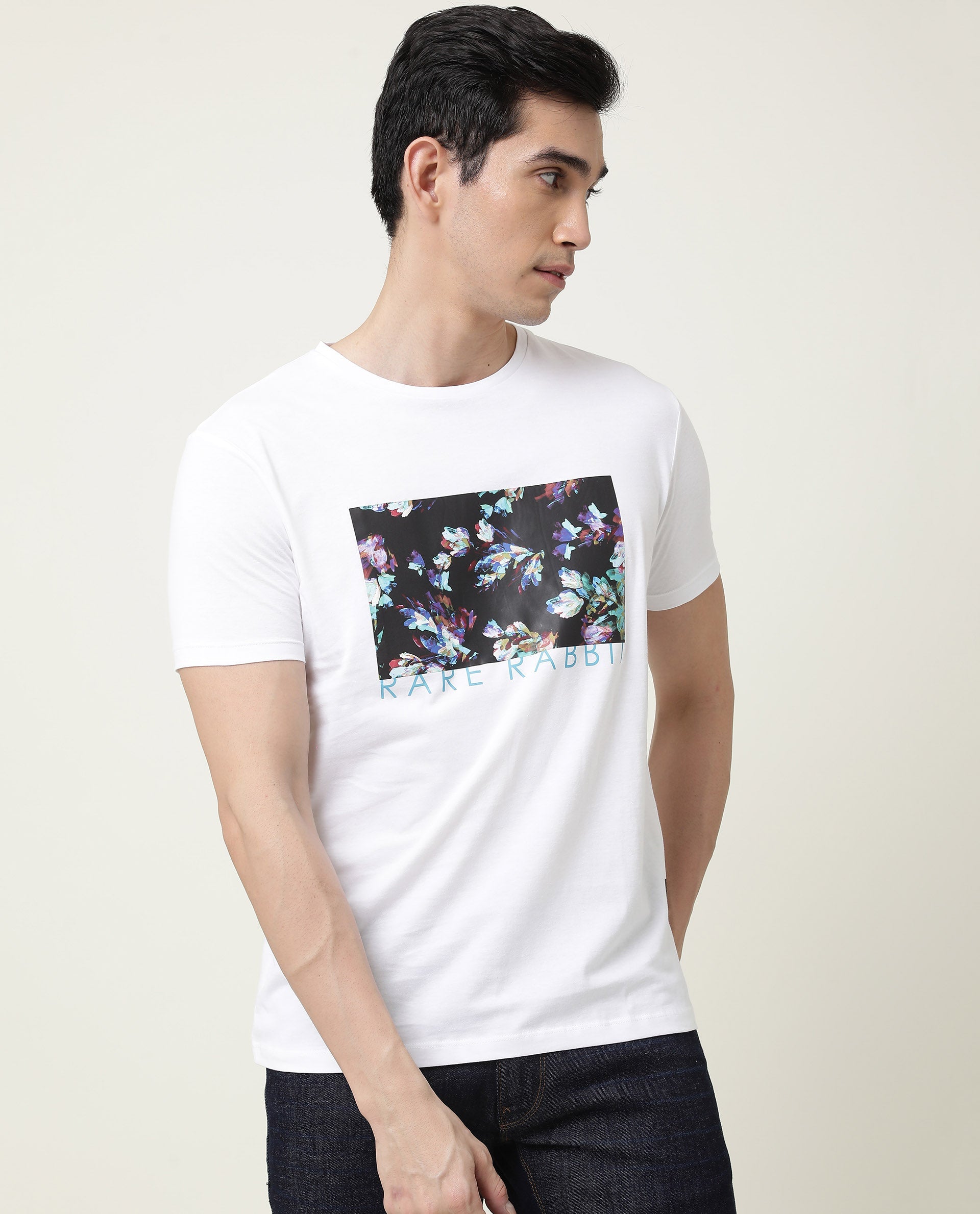 Rare Rabbit Men's Runik White Crew Neck Floral Discharge Print Half Sleeves Regular Fit T-Shirt