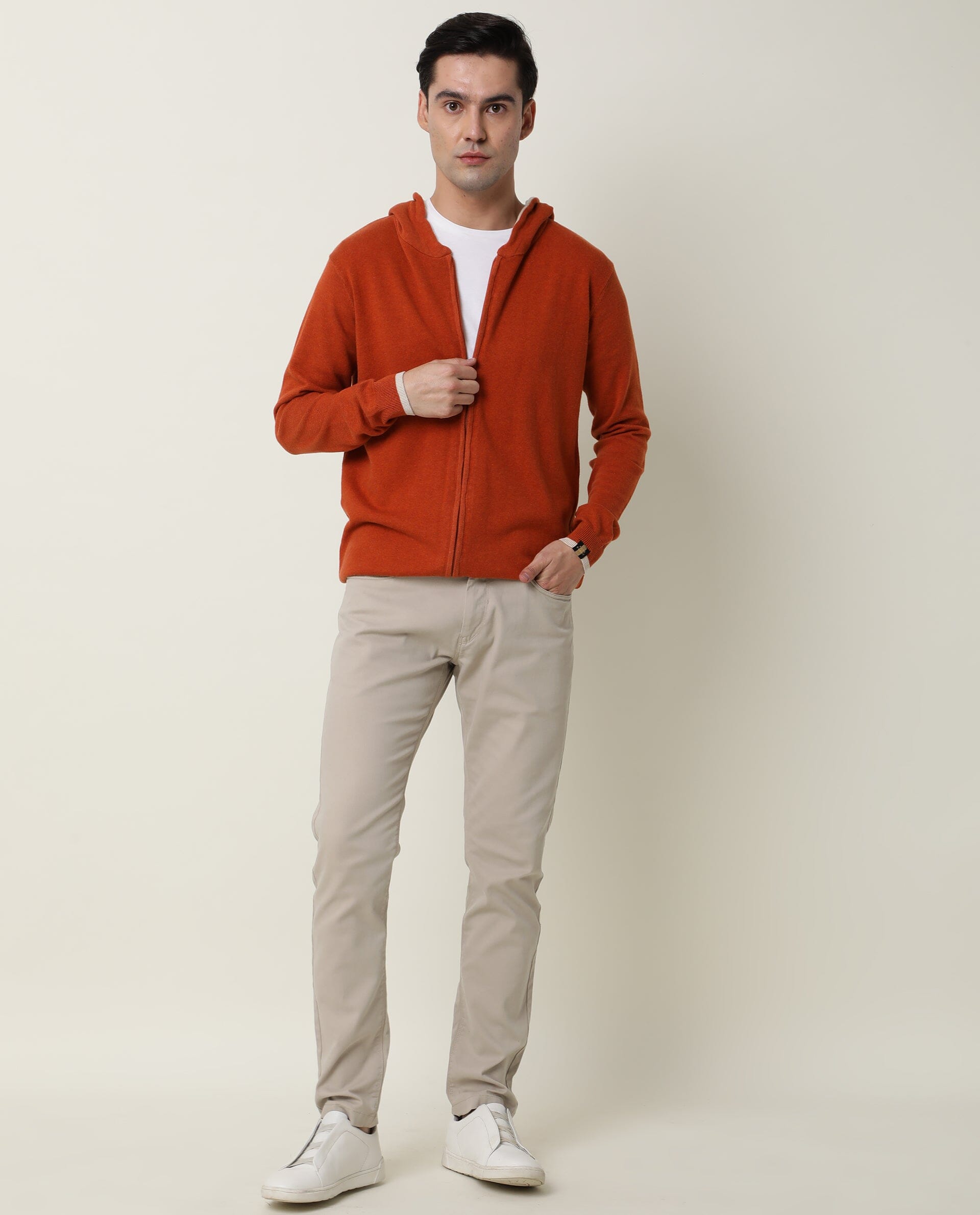 Rare Rabbit Men'S Pisa Orange Pullover Cotton Fabric Hooded Neck Full Sleeves Zipper Closure Slim Fit