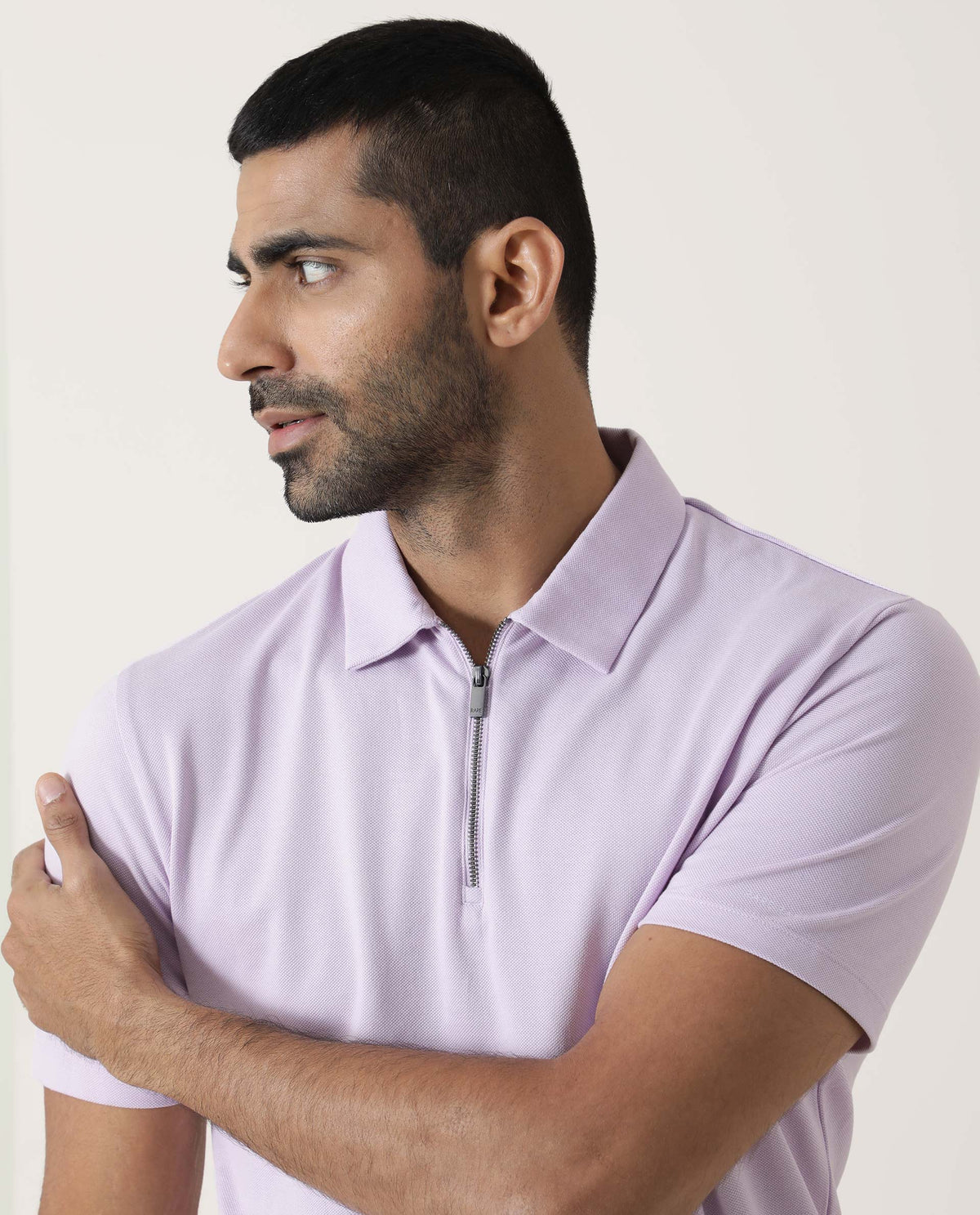 Rare Rabbit Men's Stel Pastel Purple Cotton Fabric Collared Neck Zipper Closure Half Sleeves Flat Knit Polo T-Shirt