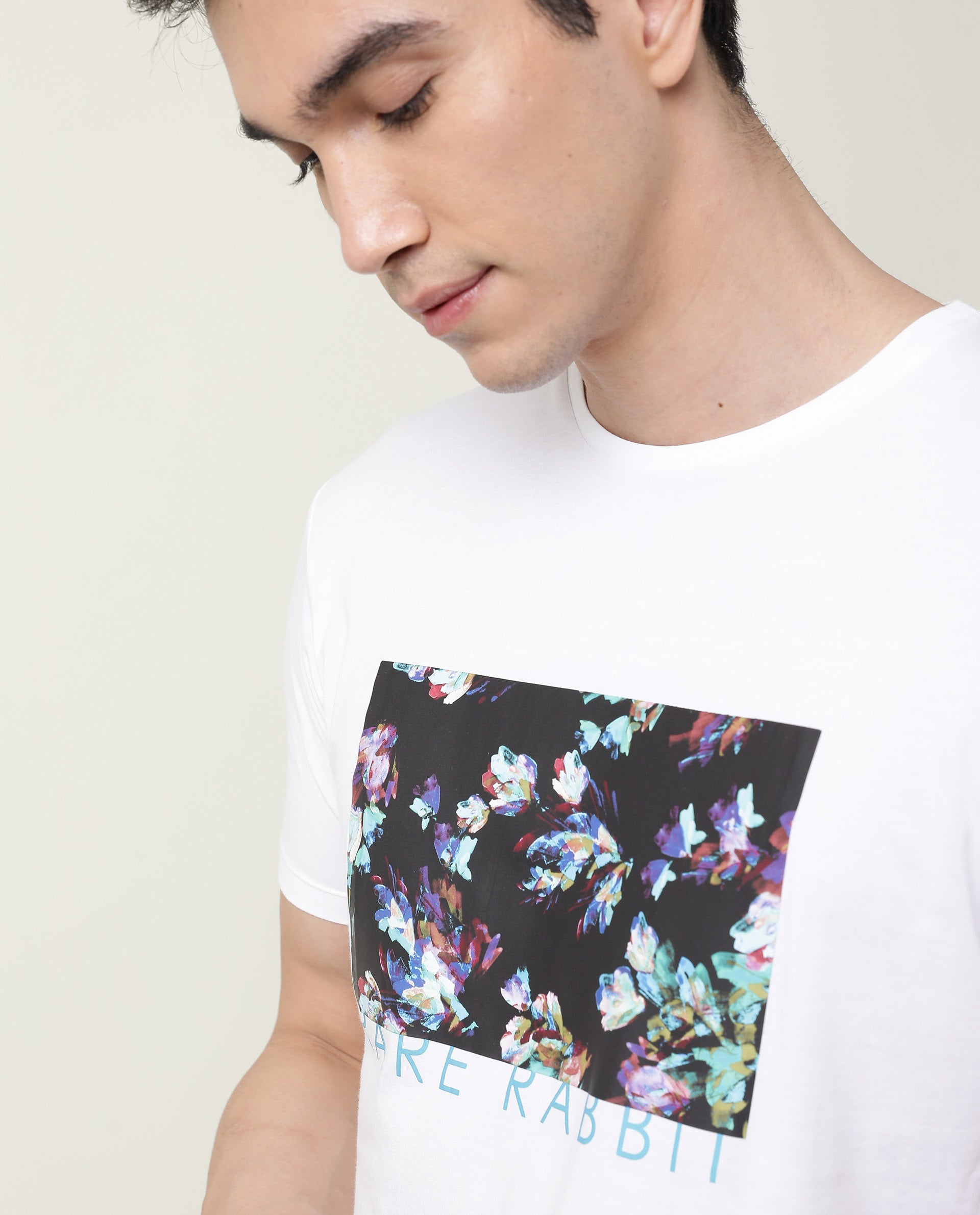 Rare Rabbit Men's Runik White Crew Neck Floral Discharge Print Half Sleeves Regular Fit T-Shirt