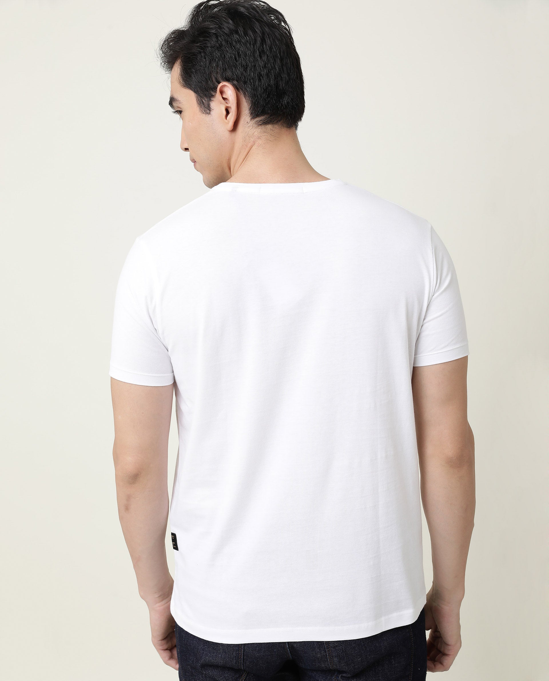 Rare Rabbit Men's Runik White Crew Neck Floral Discharge Print Half Sleeves Regular Fit T-Shirt