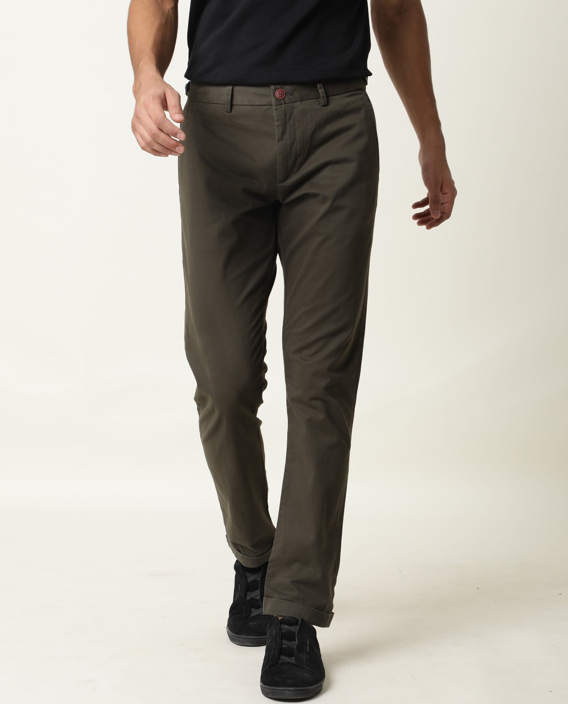 Rare Rabbit Men's Trews-22 Olive Solid Mid-Rise Regular Fit Trouser