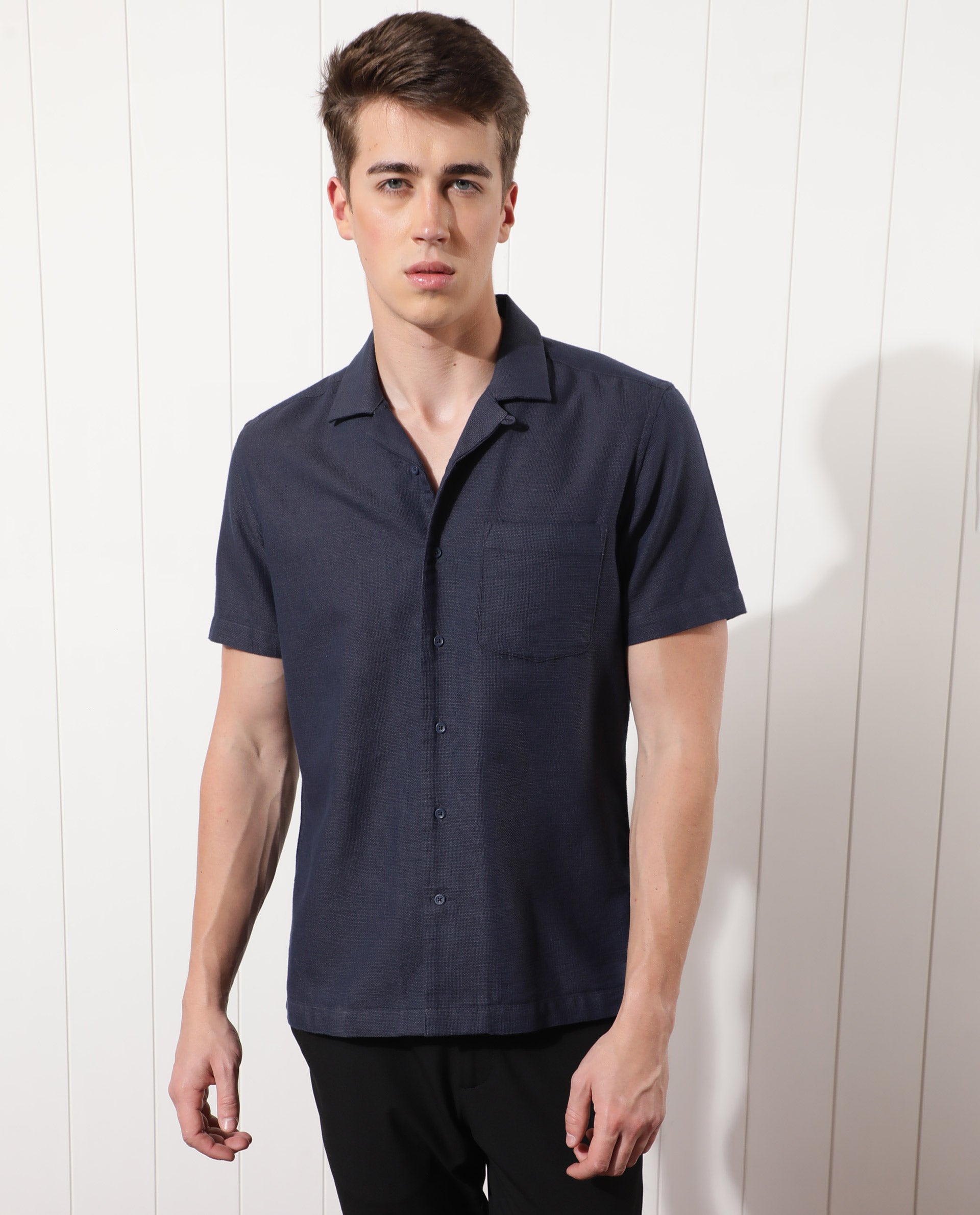 Rare Rabbit Men's Land Navy Cotton Fabric Cuban Collar Half Sleeves Knit Shirt