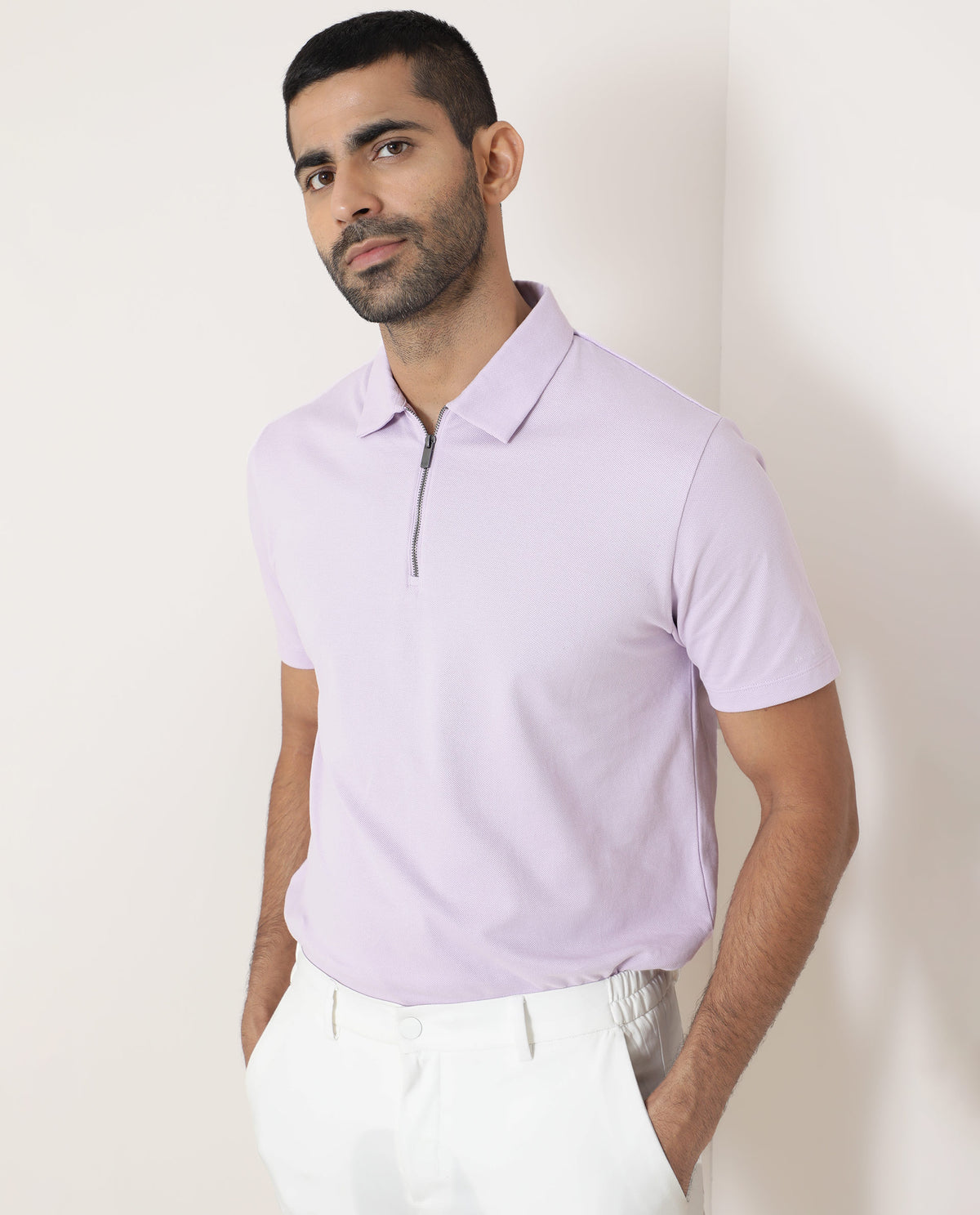 Rare Rabbit Men's Stel Pastel Purple Cotton Fabric Collared Neck Zipper Closure Half Sleeves Flat Knit Polo T-Shirt