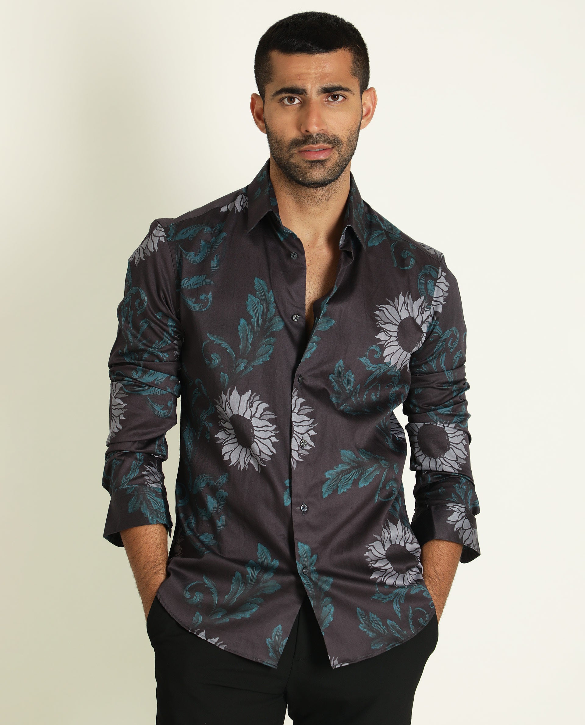 Rare Rabbit Men's Silbon Black Cotton Fabric Floral Print Full Sleeves Shirt