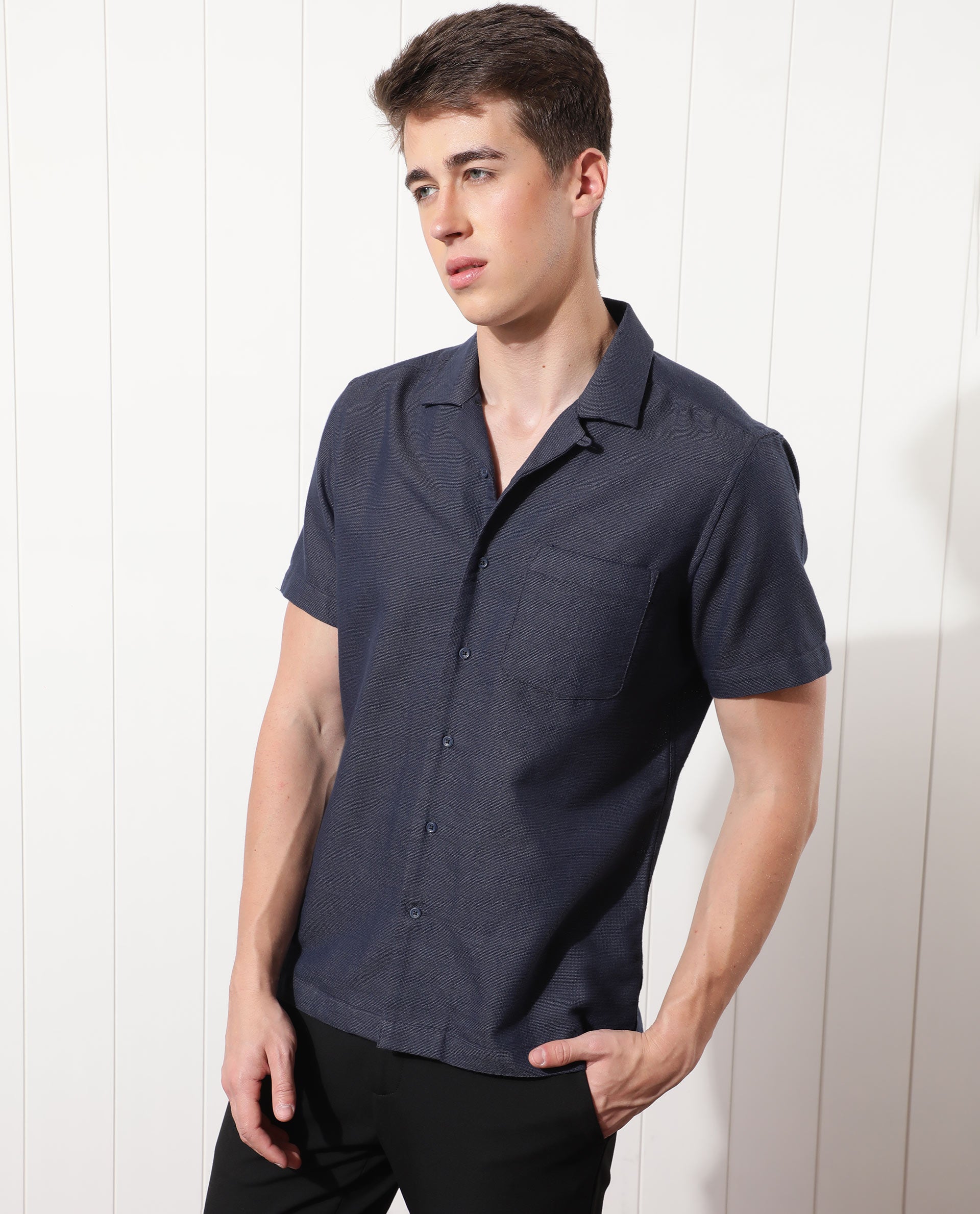 Rare Rabbit Men's Land Navy Cotton Fabric Cuban Collar Half Sleeves Knit Shirt