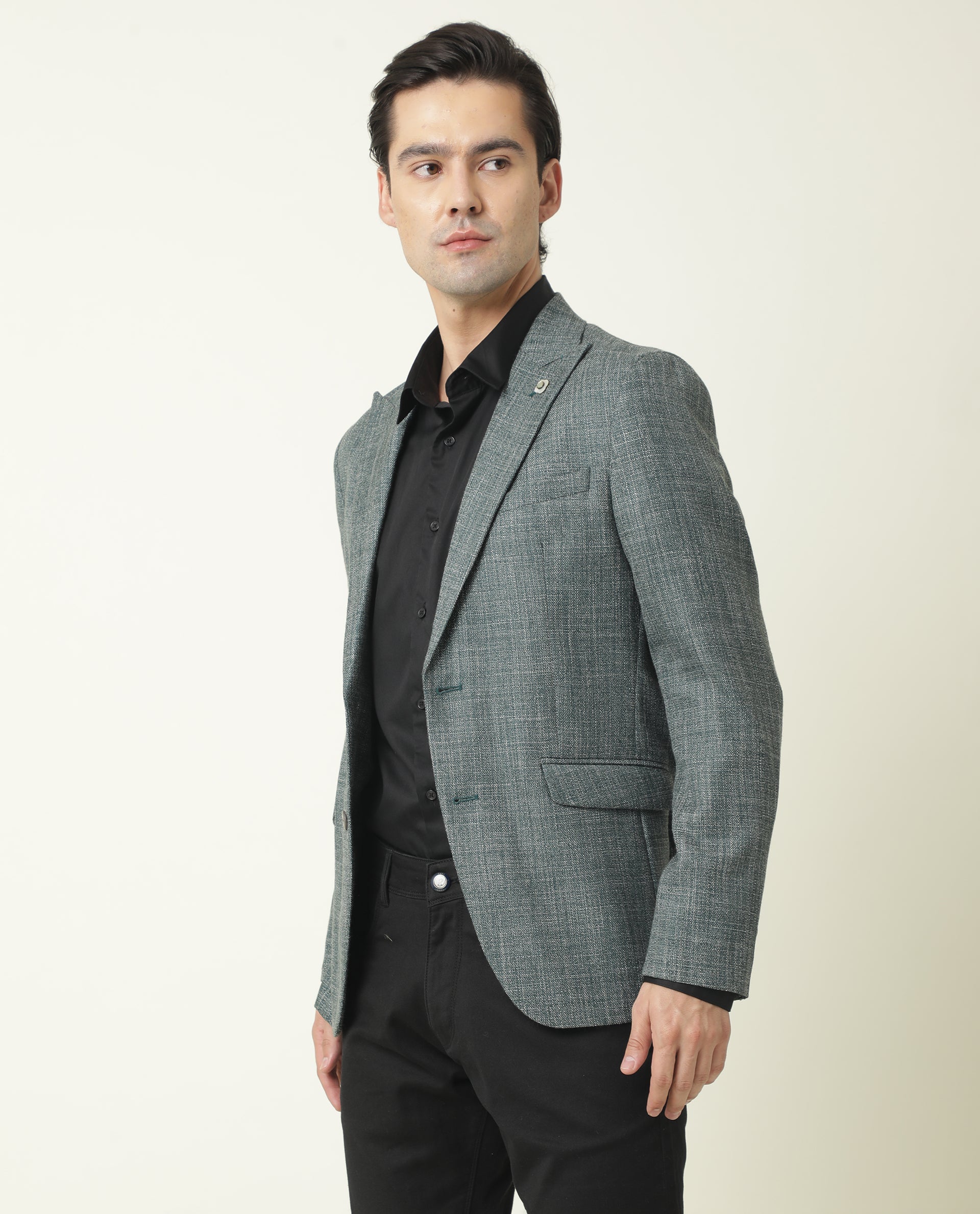 Rare Rabbit Men's Drews Olive Polyester Viscose Fabric Peak Lapel Single Breasted Tailored Fit Textured Blazer