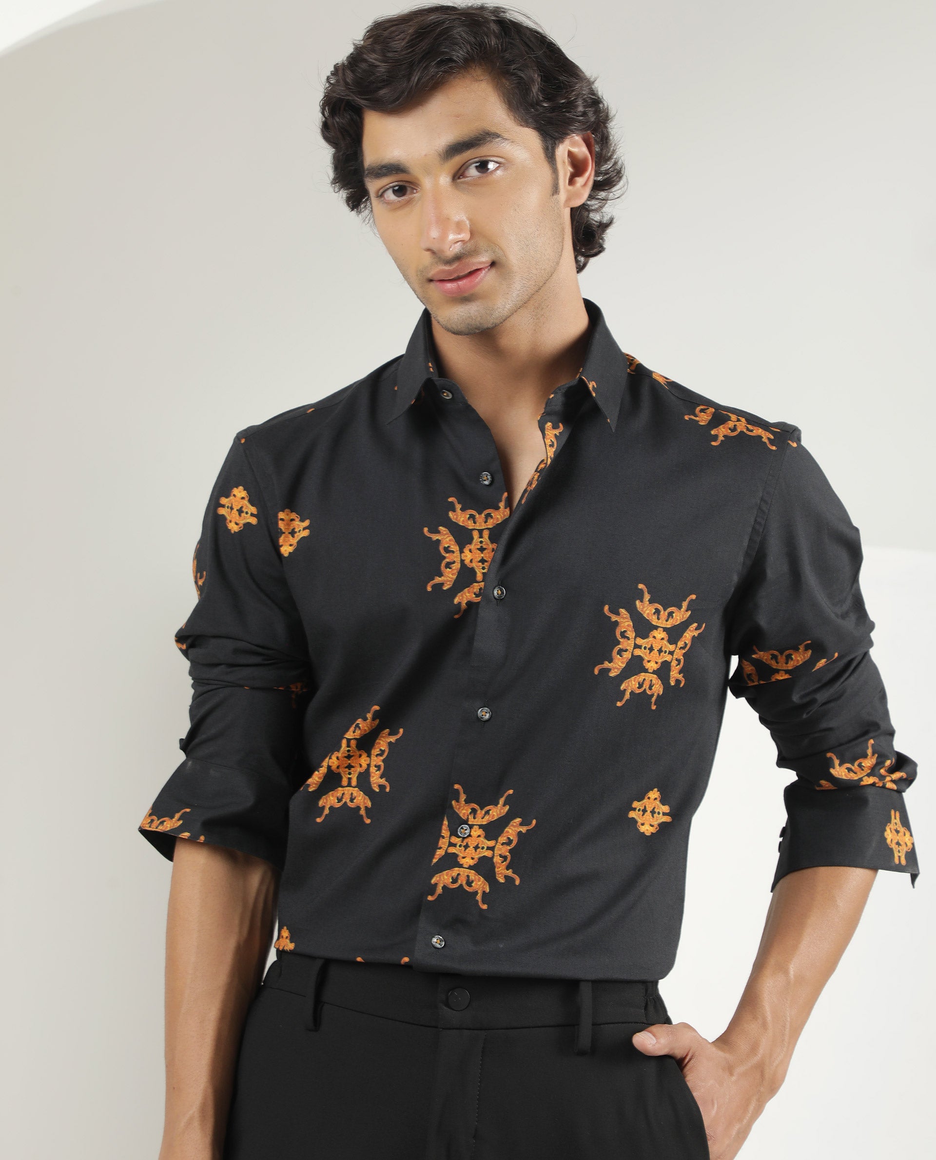 Rare Rabbit Men's Vicaroy Black Cotton Fabric Graphic Print Full Sleeves Shirt