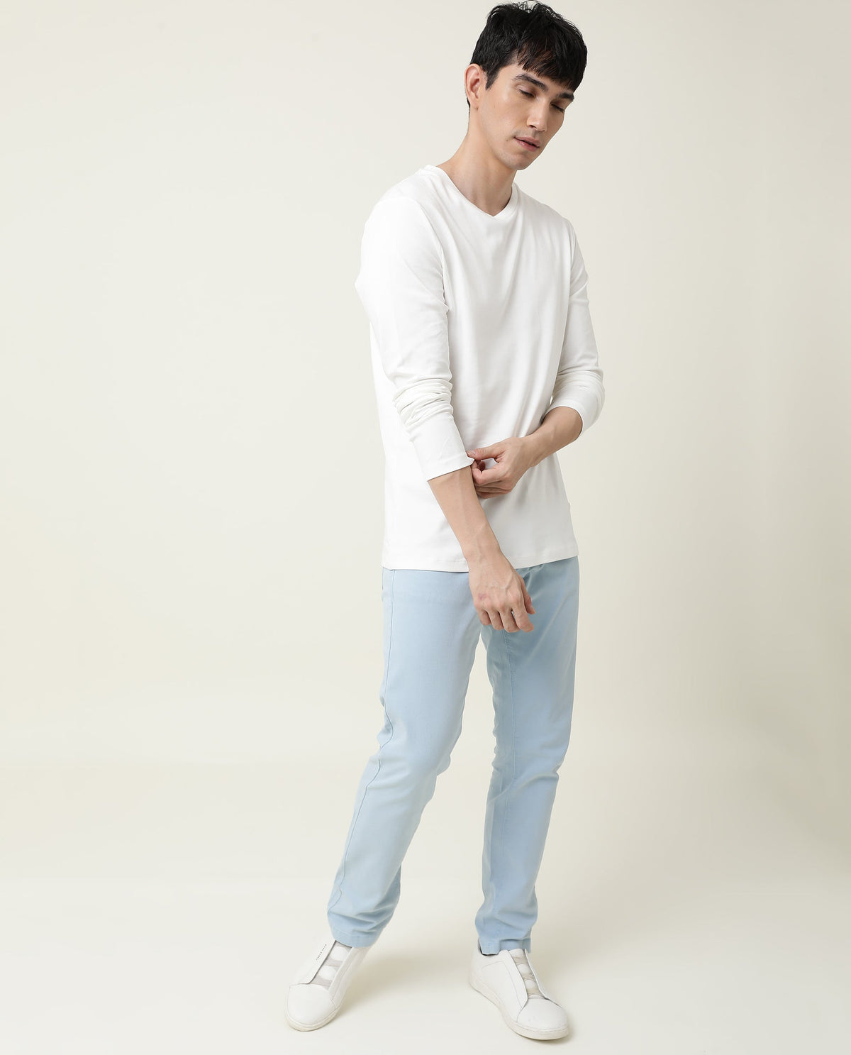 Rare Rabbit Men's Full Off-White Solid Crew Neck Full Sleeve Slim Fit T-Shirt