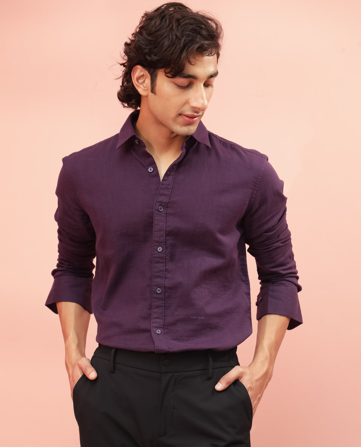 Rare Rabbit Men's Layerr Dark Purple Cotton Fabric Full Sleeves Solid Shirt