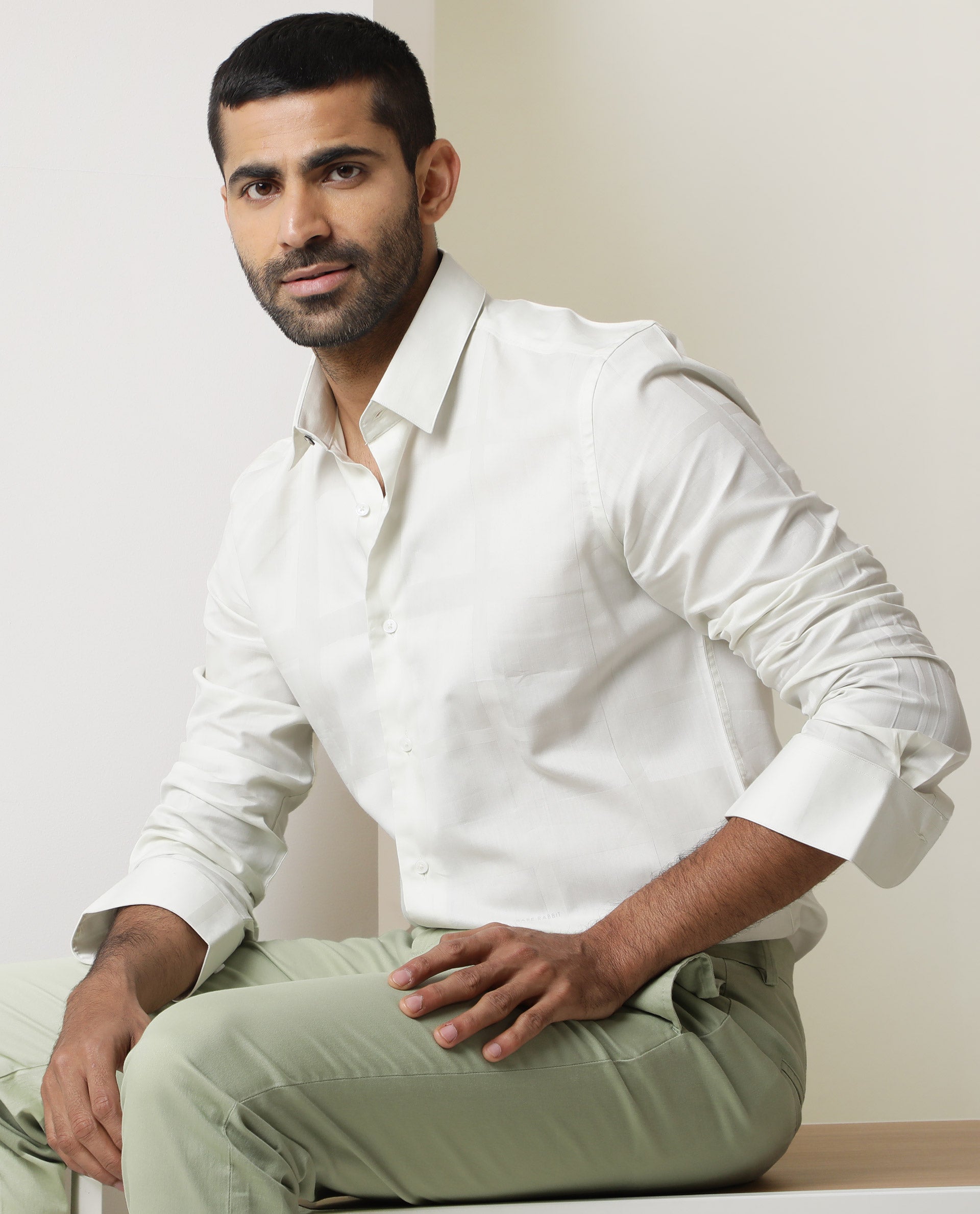 Rare Rabbit Men's Boxline Off White Cotton Lyocell Fabric Full Sleeves Checks Shirt