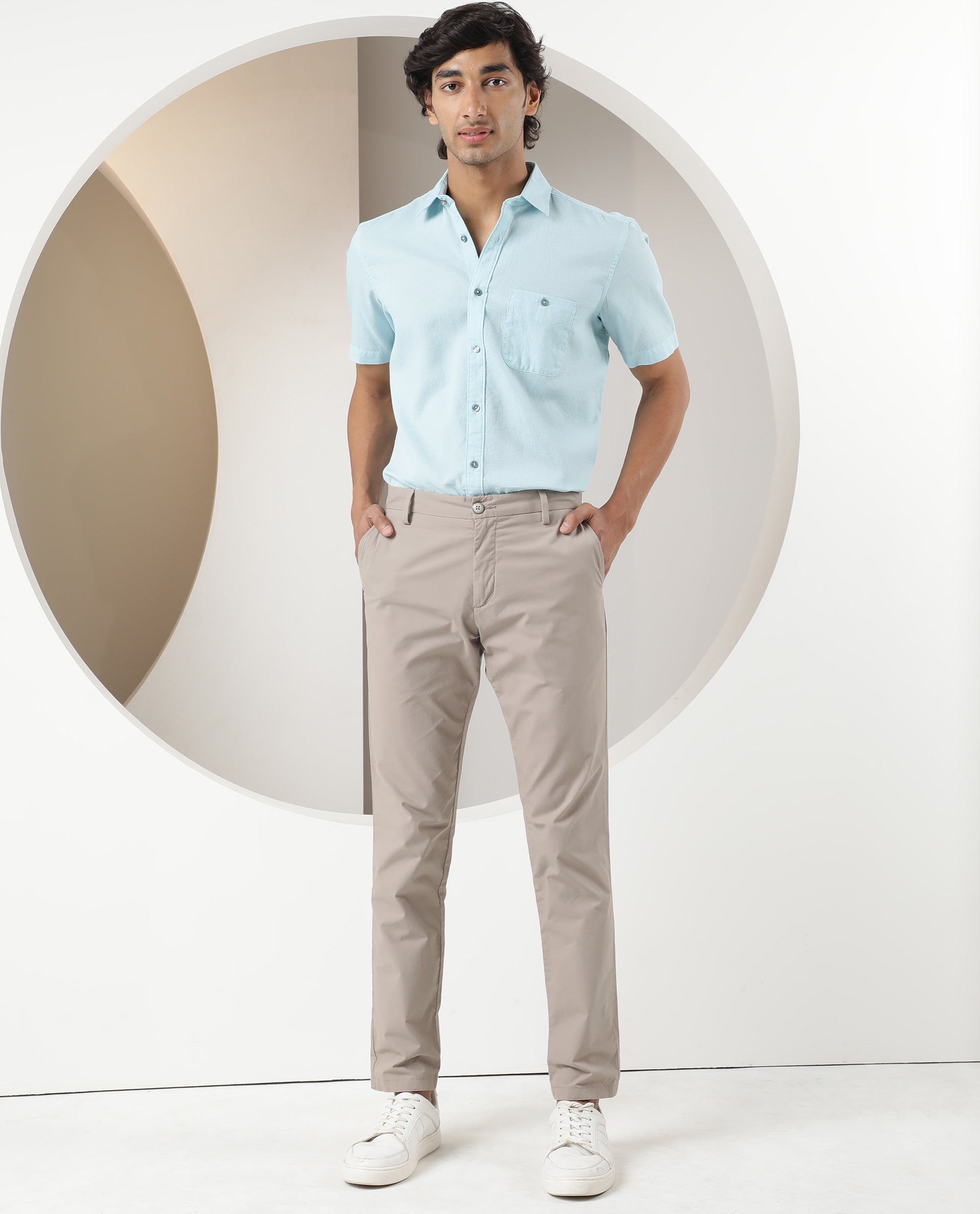 Rare Rabbit Men's Affle Light Blue Dobby Fabric Half Sleeves Solid Shirt