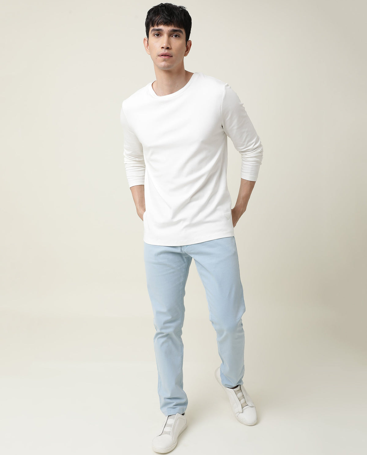 Rare Rabbit Men's Full Off-White Solid Crew Neck Full Sleeve Slim Fit T-Shirt