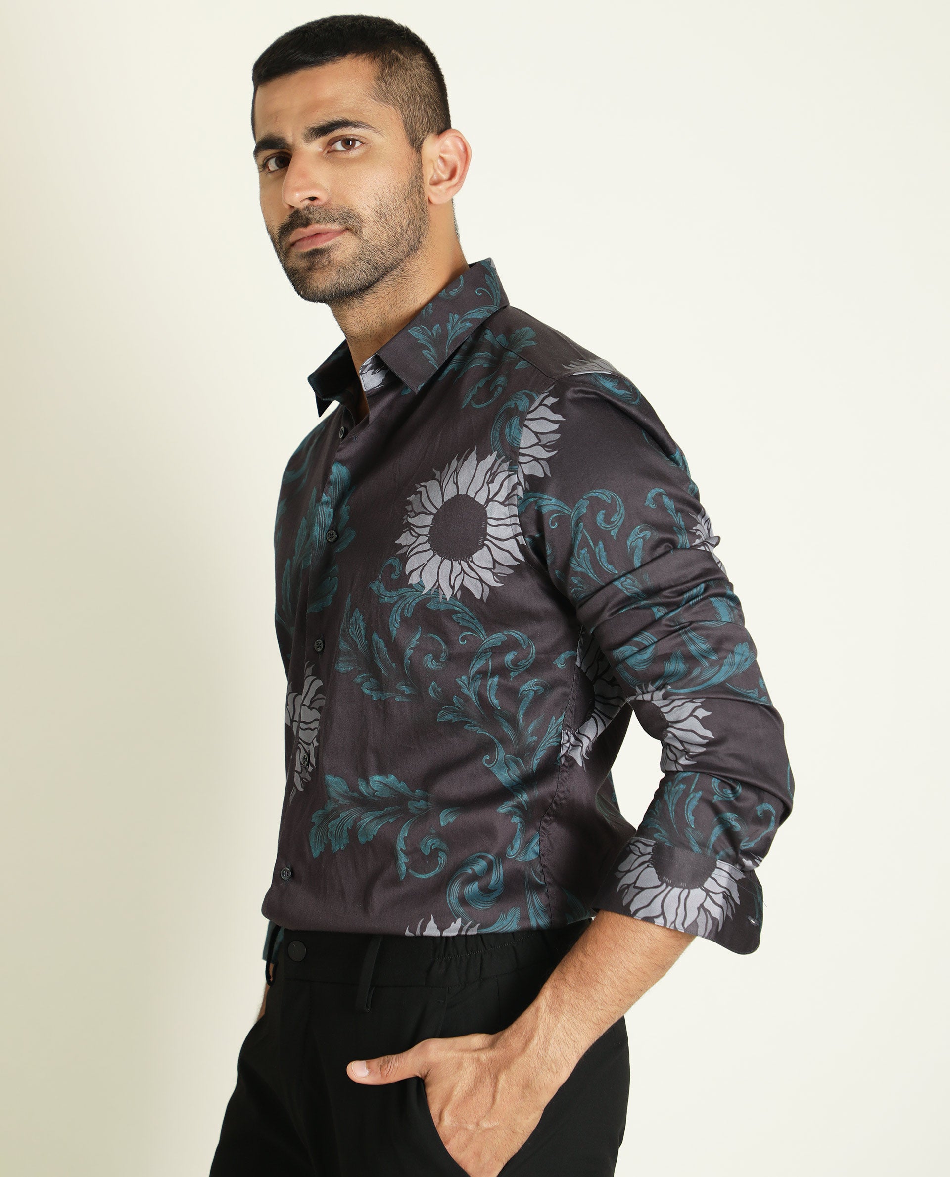Rare Rabbit Men's Silbon Black Cotton Fabric Floral Print Full Sleeves Shirt