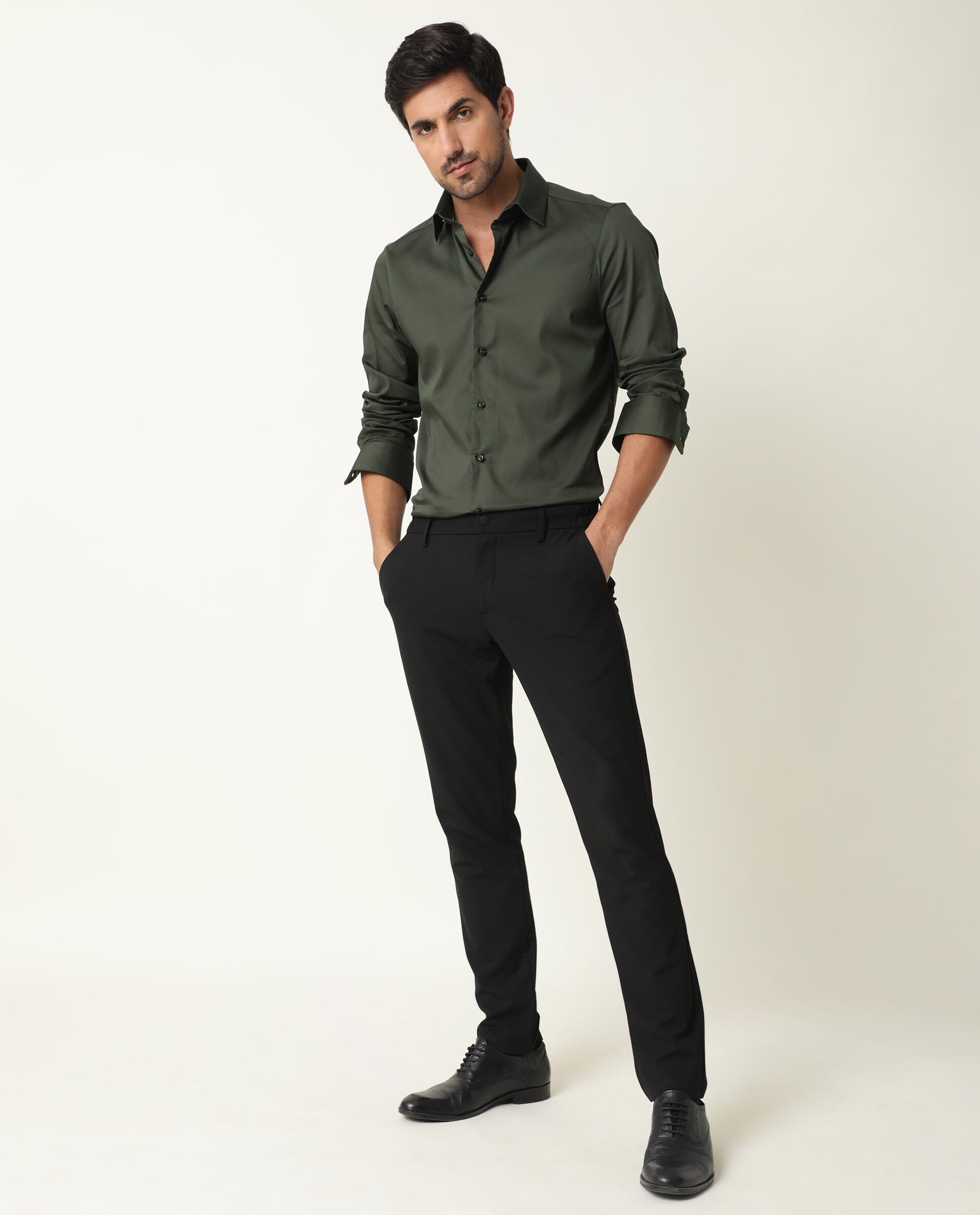 Rare Rabbit Men's Holand Olive Satin Fabric Full Sleeves Solid Shirt