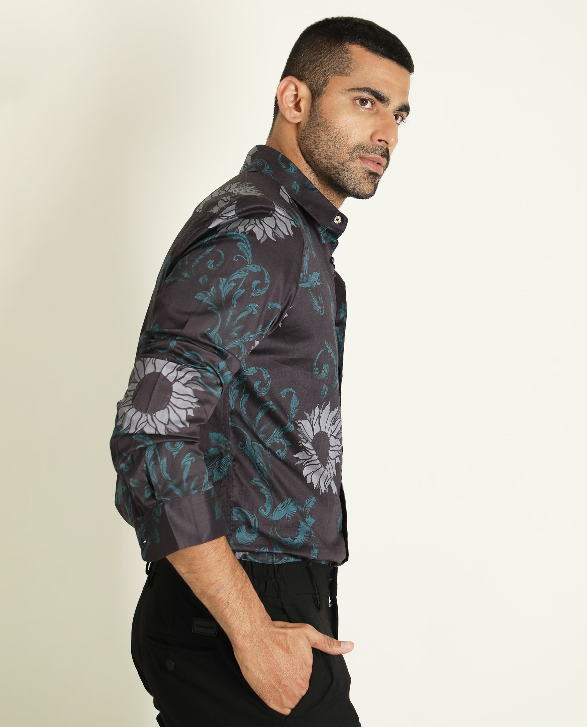 Rare Rabbit Men's Silbon Black Cotton Fabric Floral Print Full Sleeves Shirt