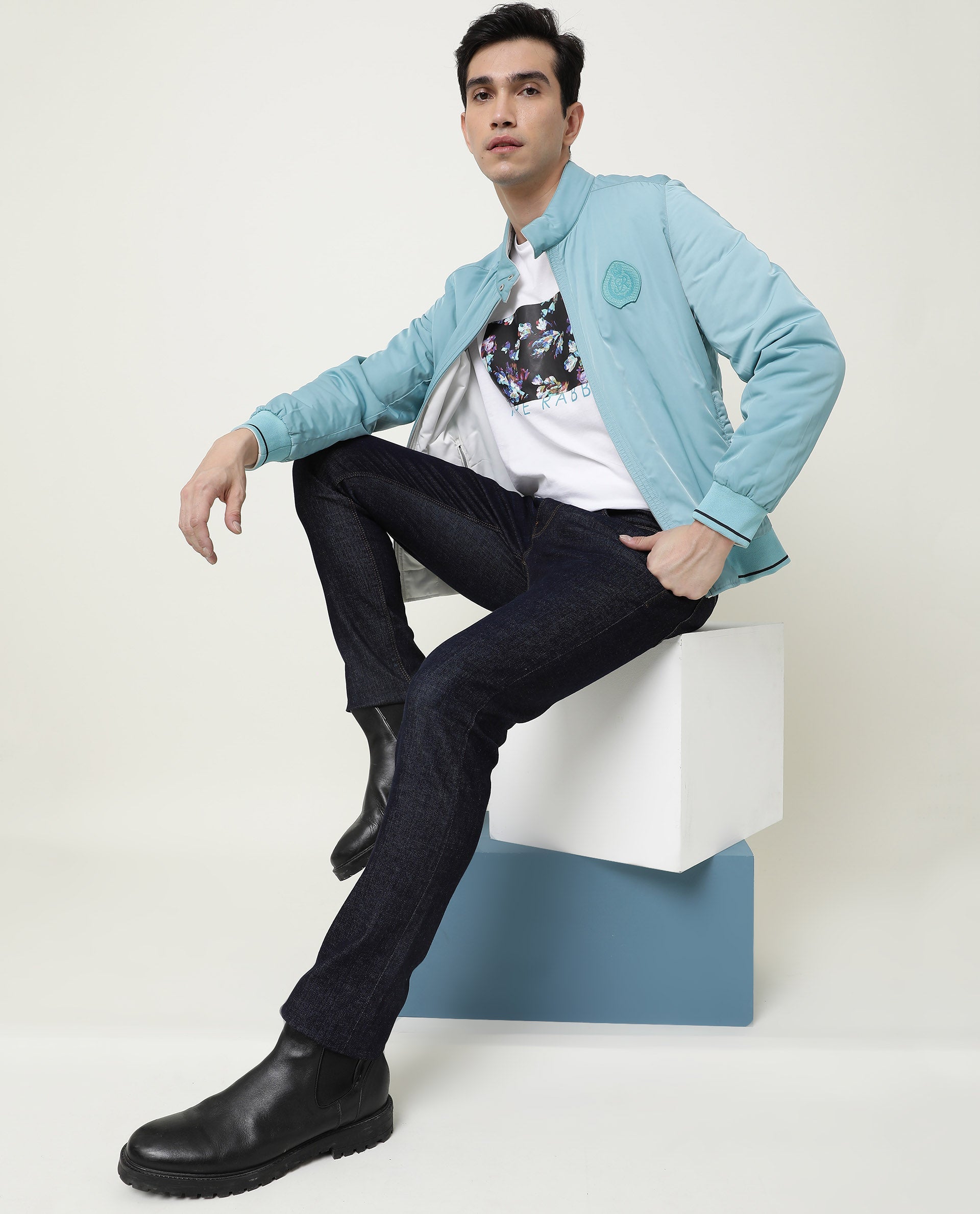 Rare Rabbit Men's Runik White Crew Neck Floral Discharge Print Half Sleeves Regular Fit T-Shirt