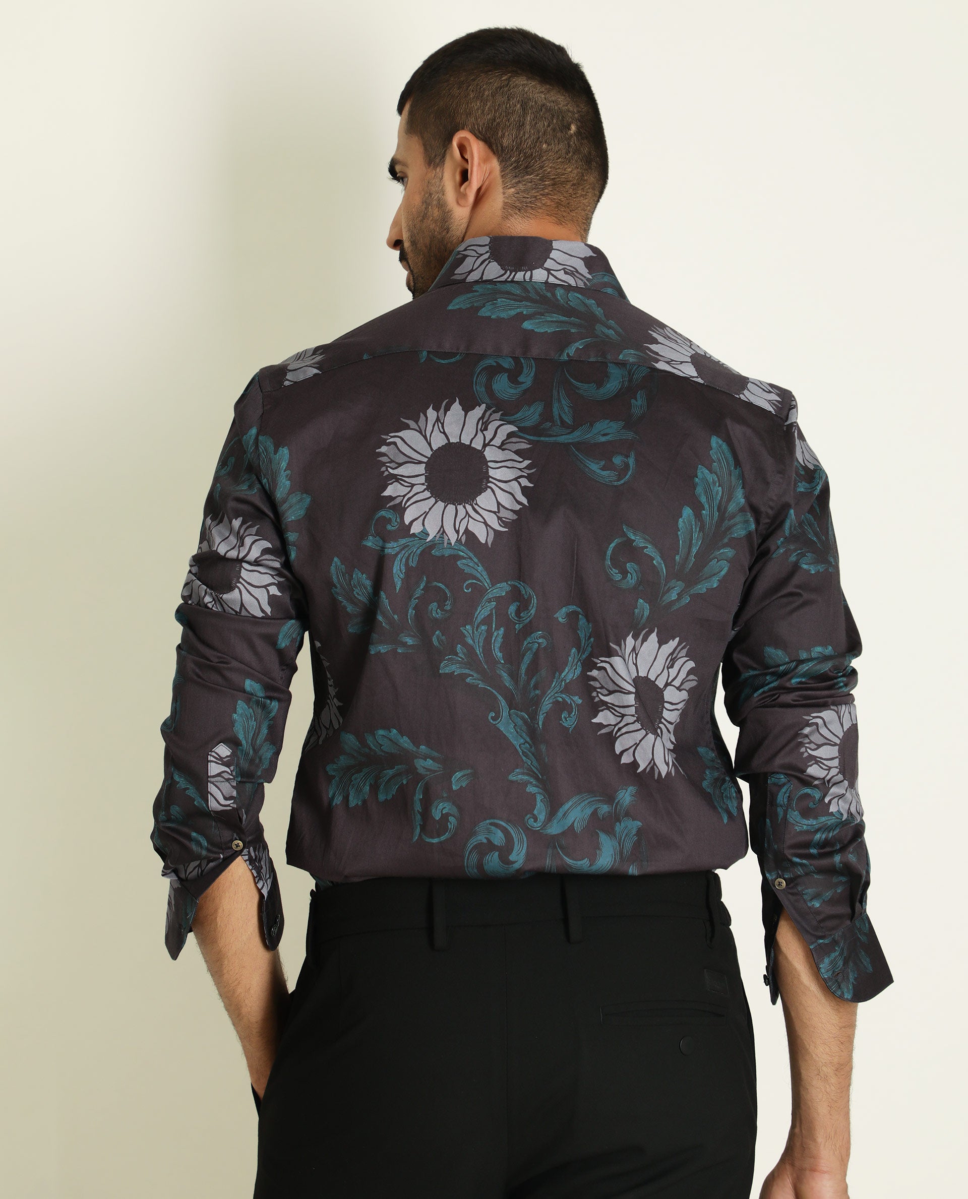 Rare Rabbit Men's Silbon Black Cotton Fabric Floral Print Full Sleeves Shirt