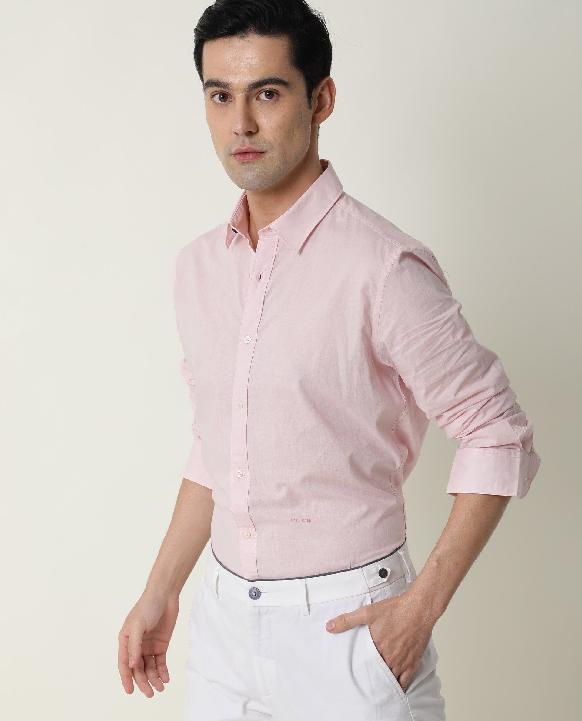 Rare Rabbit Men's Fullslee Pink Cotton Fabric Full Sleeves Solid Shirt