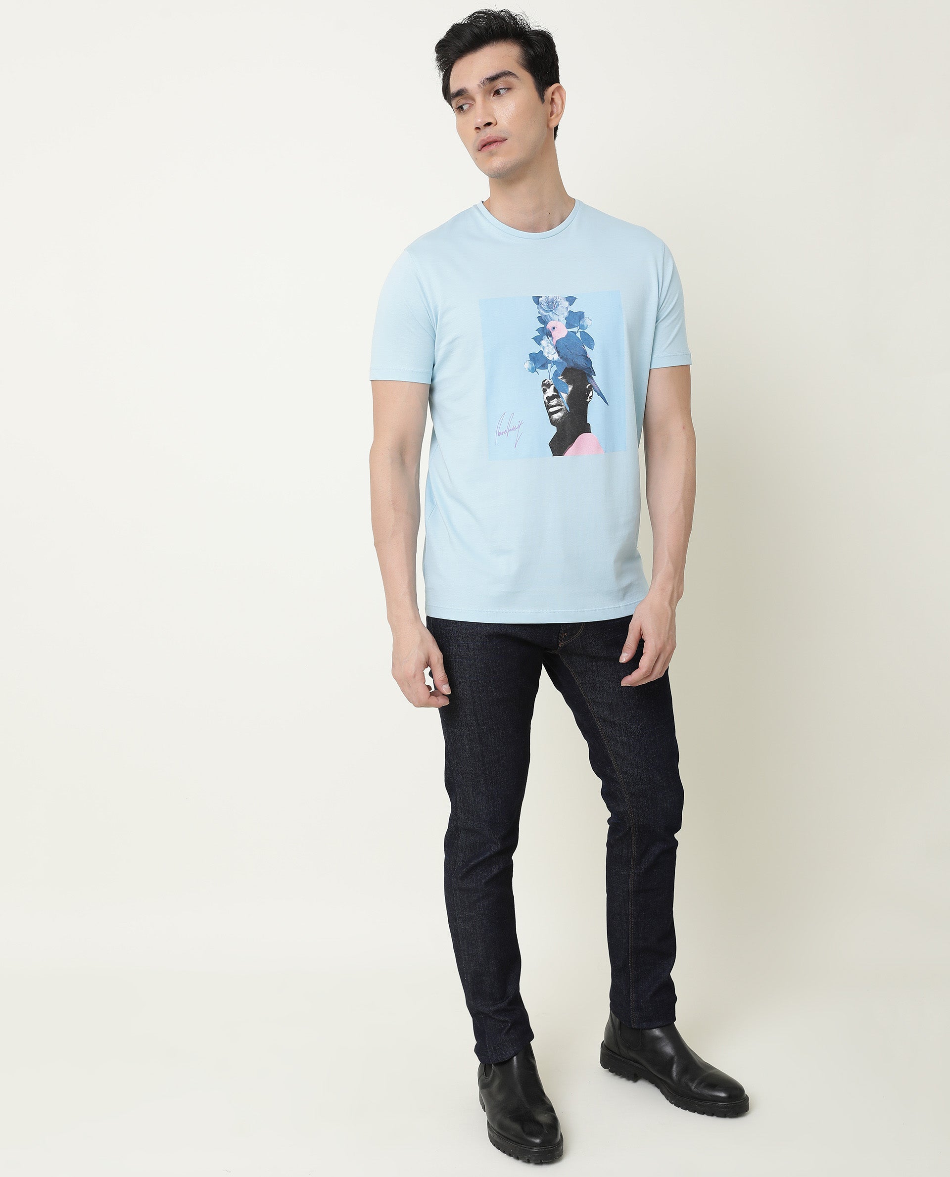 Rare Rabbit Men's Face Blue Crew Neck Discharge HD Graphic Print Half Sleeves Slim Fit T-Shirt