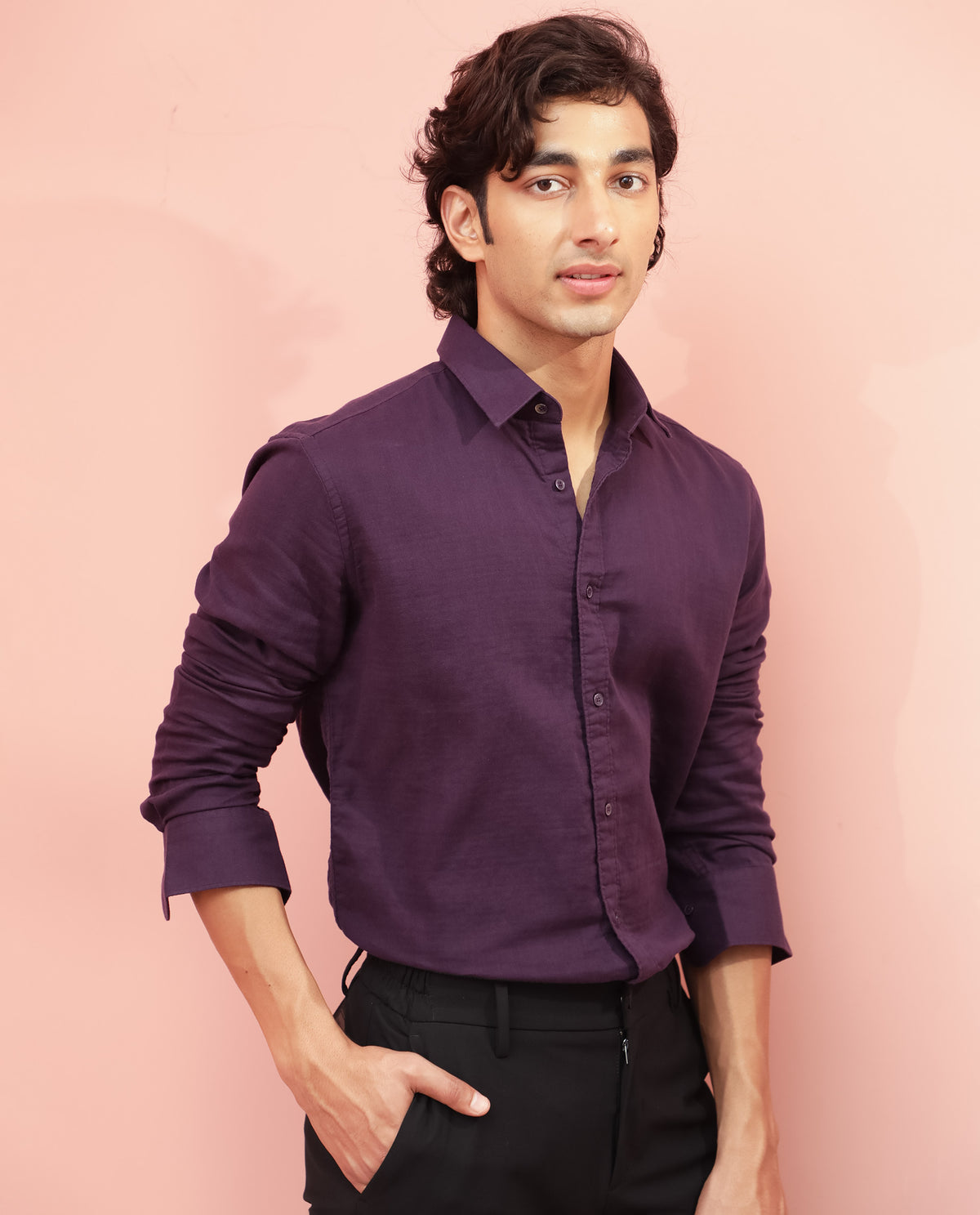 Rare Rabbit Men's Layerr Dark Purple Cotton Fabric Full Sleeves Solid Shirt