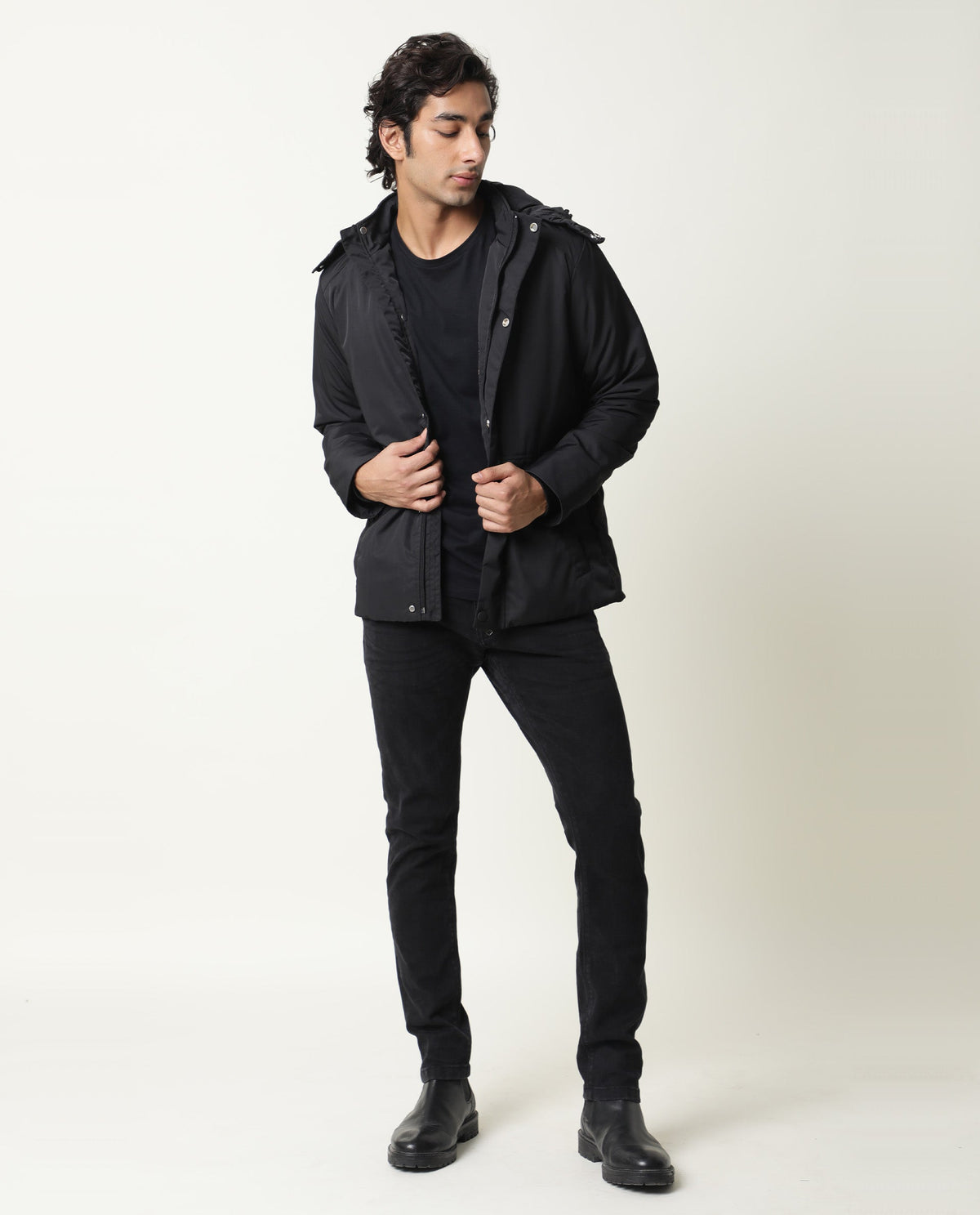 Rare Rabbit Mens Venue Primary Black Jacket Polyester Fabric Full Sleeve Hooded Slim Fit