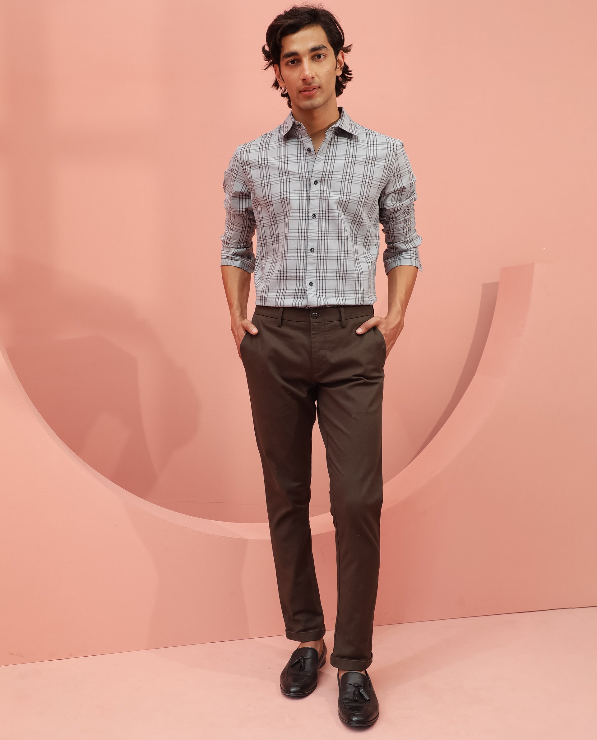 Rare Rabbit Men's Frazey Grey Cotton Fabric Full Sleeves Checks Shirt