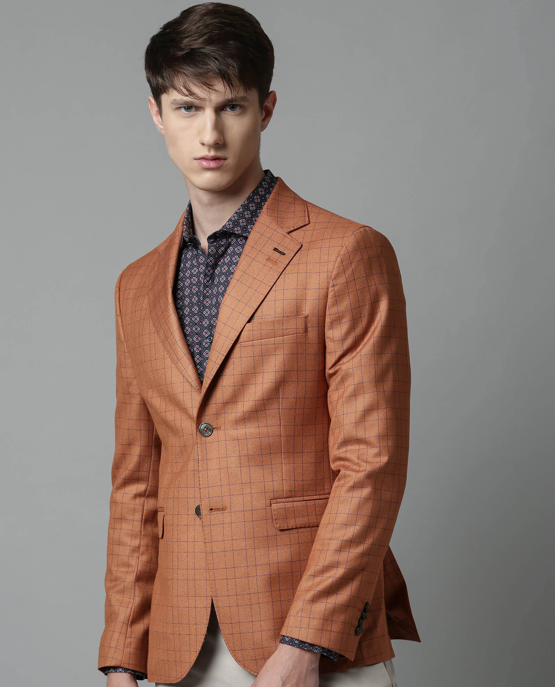 Rare Rabbit Men'S Rage Rust Blazer Full Sleeves Checks Slim Fit