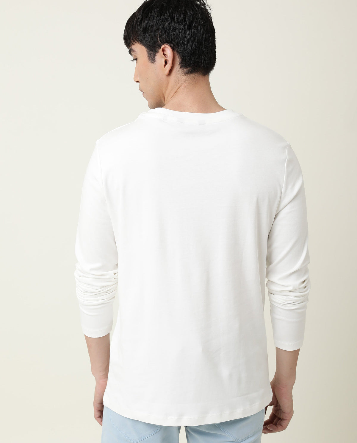 Rare Rabbit Men's Full Off-White Solid Crew Neck Full Sleeve Slim Fit T-Shirt