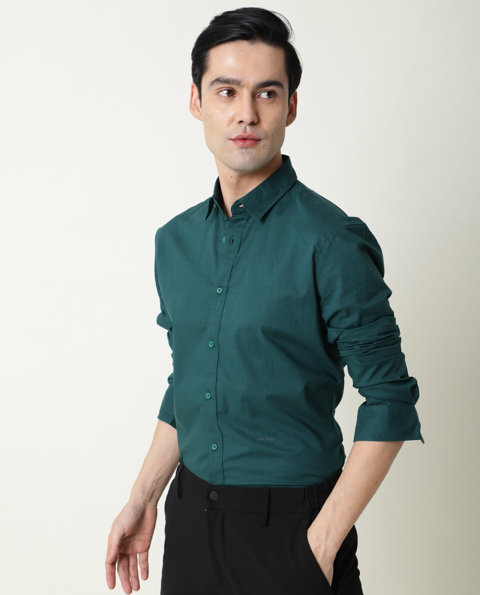 Rare Rabbit Men's Fullslee Petrol Cotton Fabric Full Sleeves Solid Shirt