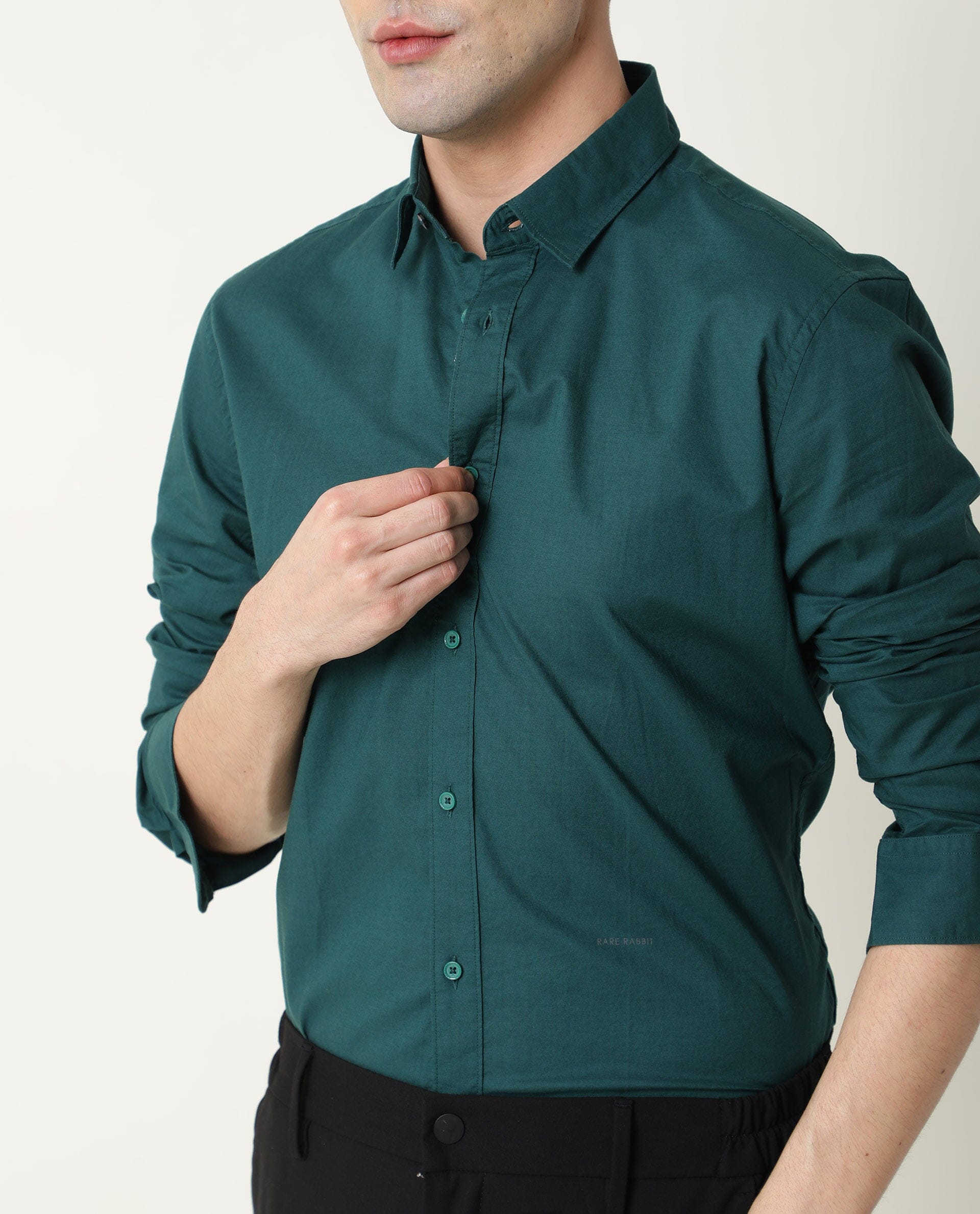 Rare Rabbit Men's Fullslee Petrol Cotton Fabric Full Sleeves Solid Shirt